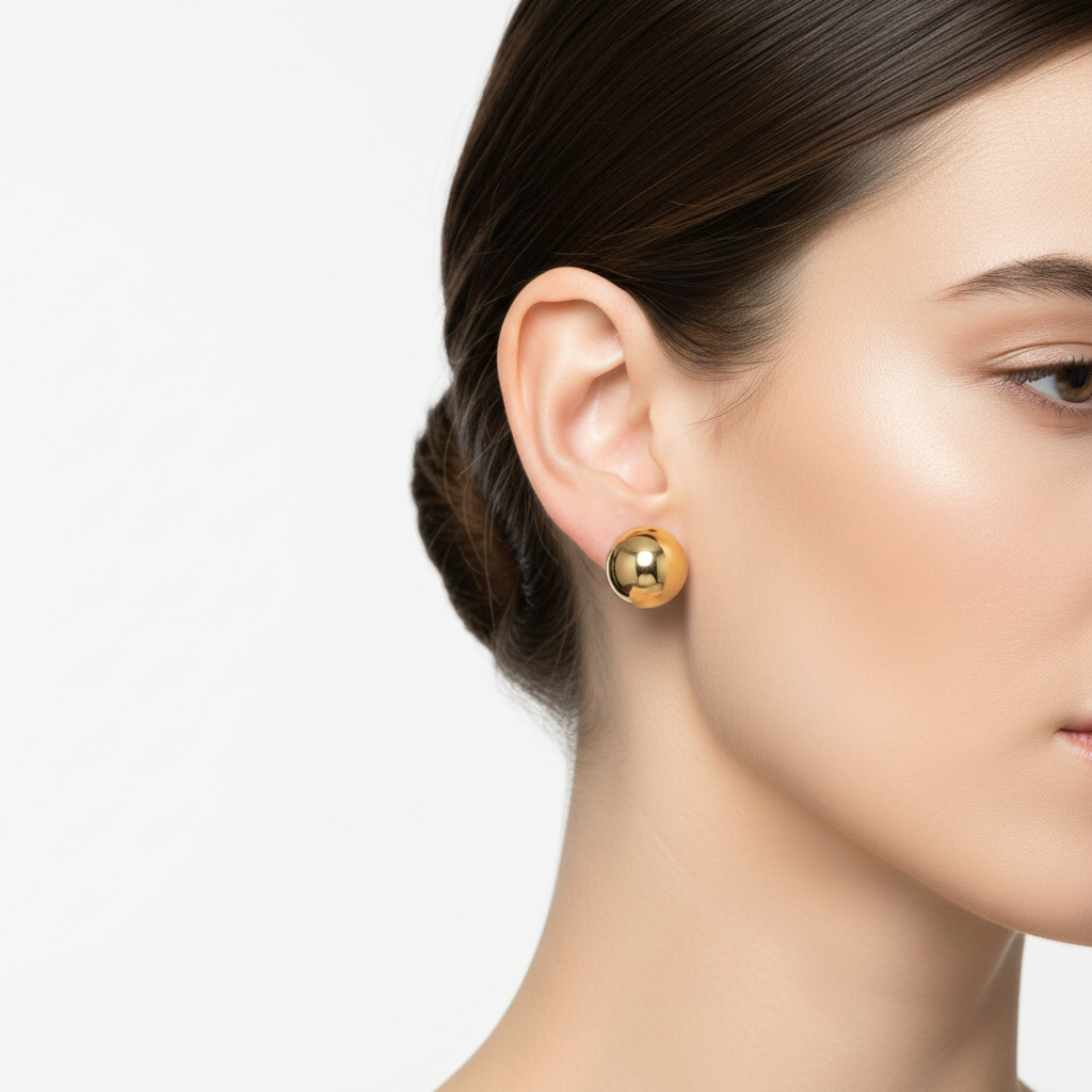 12mm Gold Ball Stud Earrings on Model