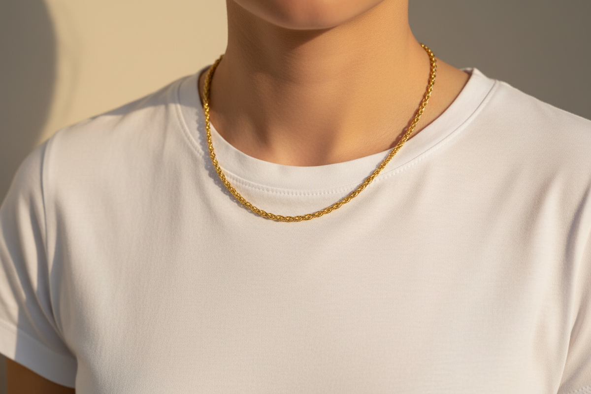 18" Spiga Chain on Model with T-Shirt
