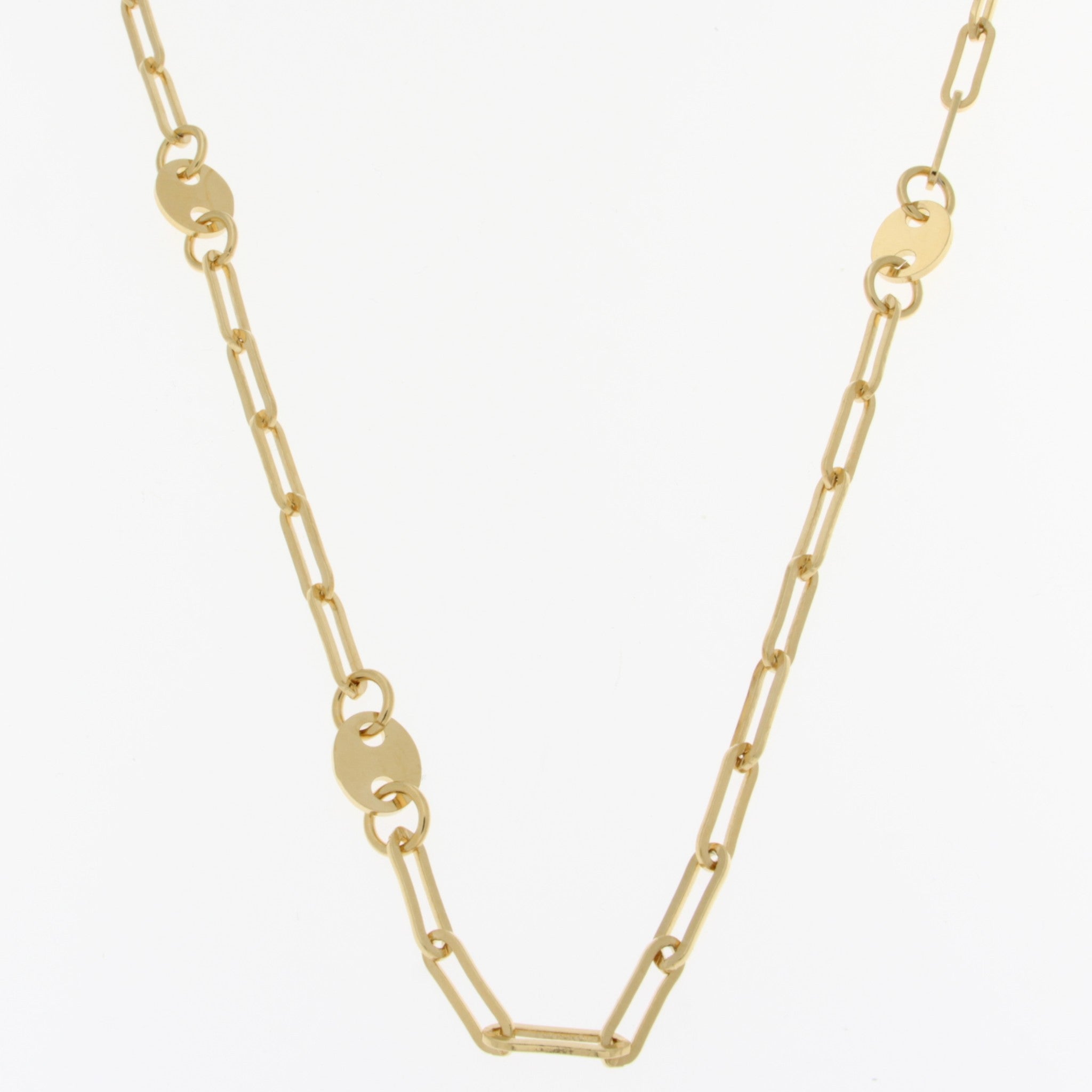 18K Gold Plated 28" Paperclip Necklace W/Flat Polished Mariner Link Stations