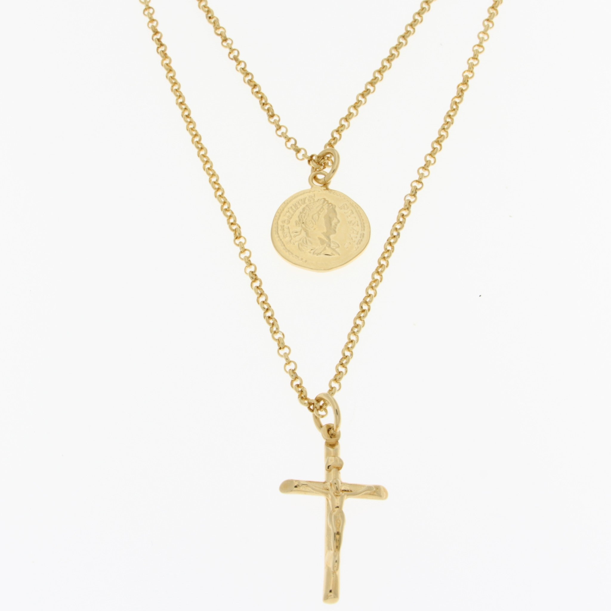 Gold Plated 18' + 2" Double Strand Coin & Cross Necklace