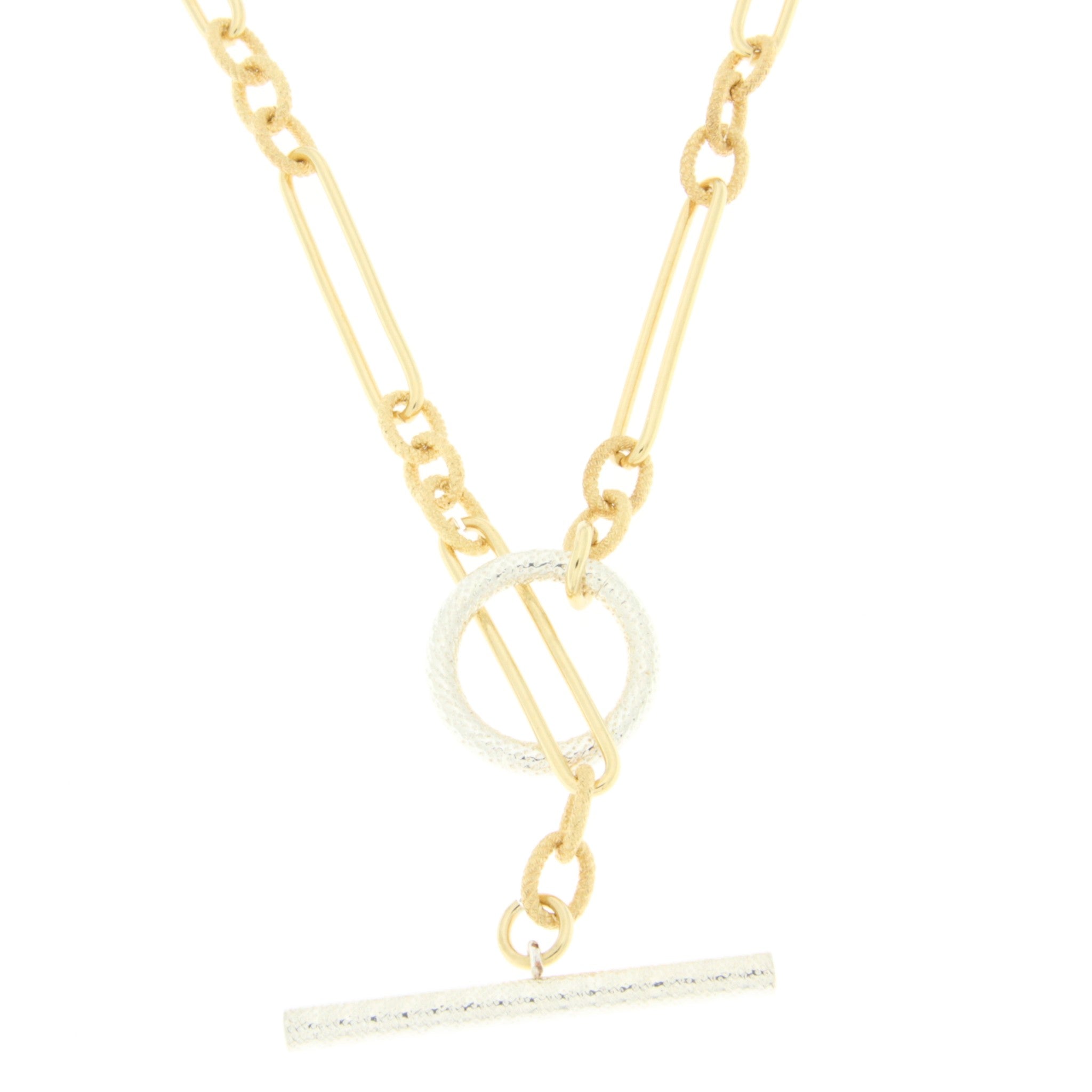 Gold Plated 18" Elongated Paperclip Textured Link Necklace With White Textured Toggle
