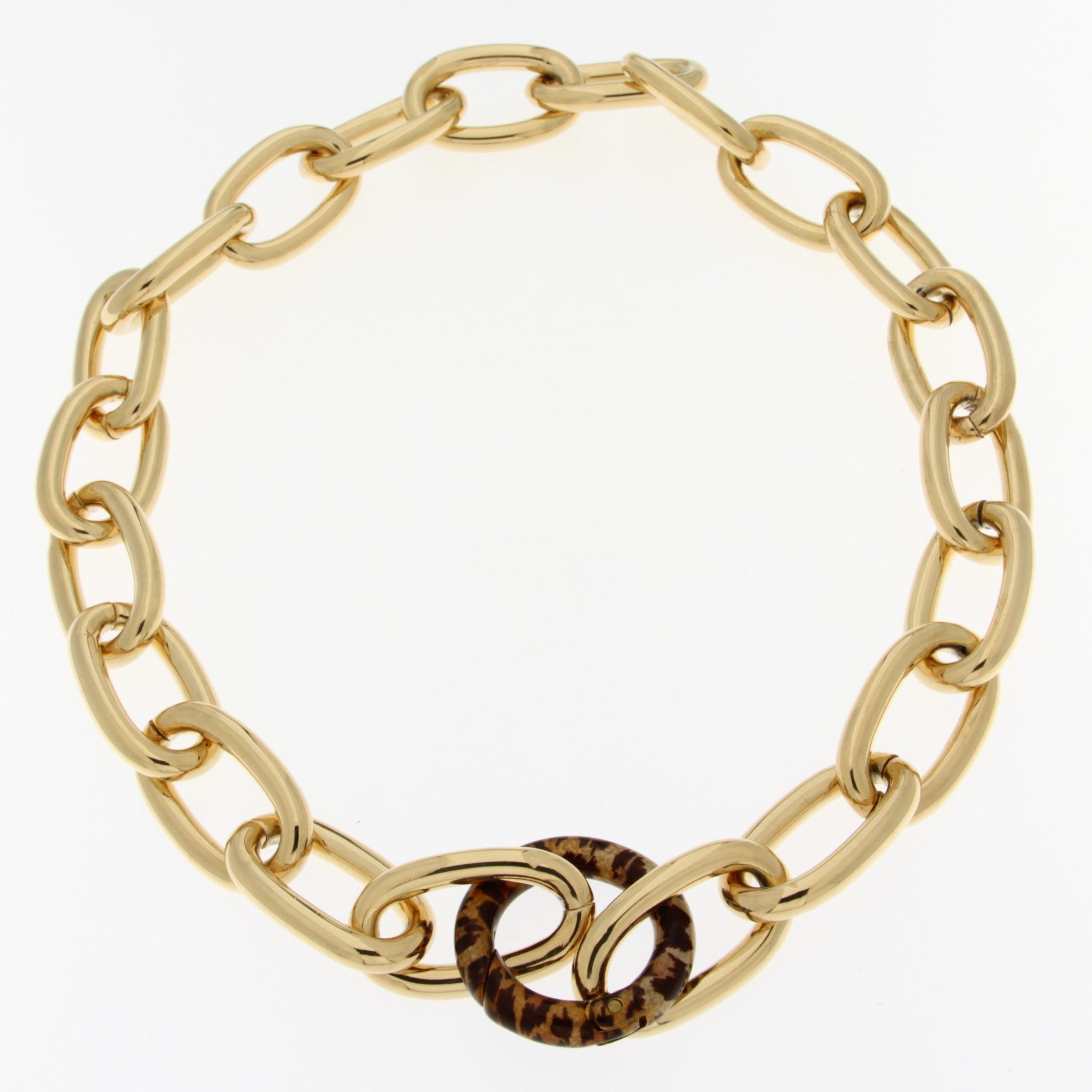 18K Gold Plated Large Oval Link Necklace W/Enameled Round Clasp