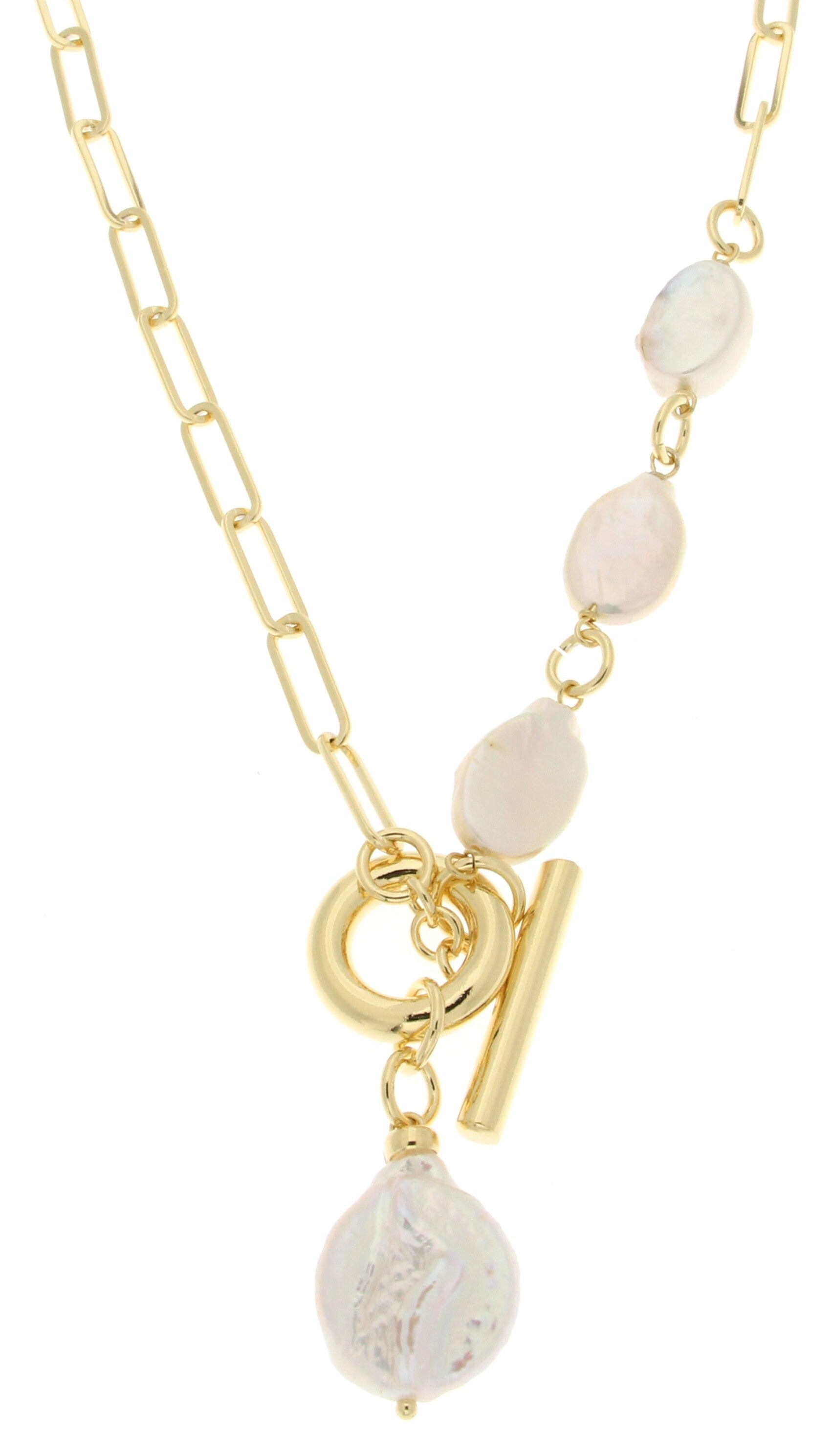 Gold necklace with elongated links and a large, textured pendant resembling a pearl, featuring a toggle clasp.