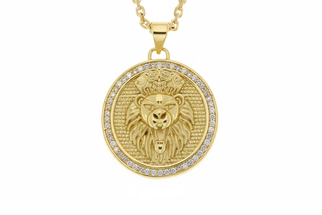 18K Gold Plated Lion Medallion Pendant - Close-up Detail
