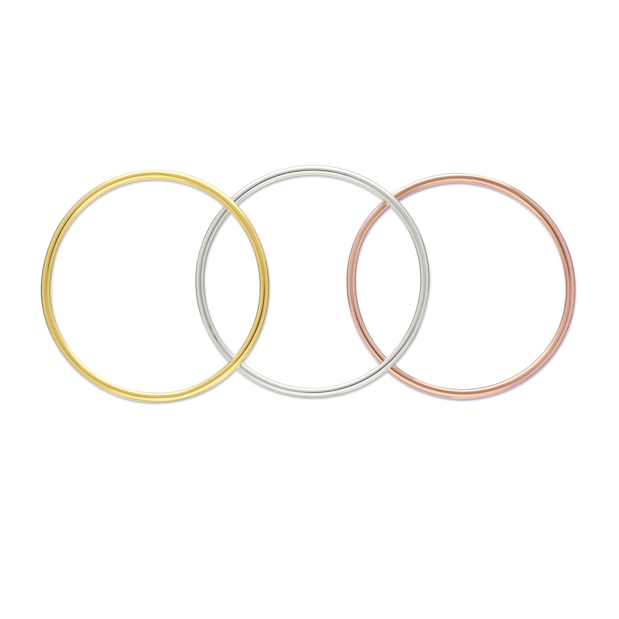 A set of three minimalist metal bangles in a row. The first bangle is gold, the second is silver, and the third is rose gold. The design is sleek and modern, showcasing the different colors of metal in a simple, elegant style.