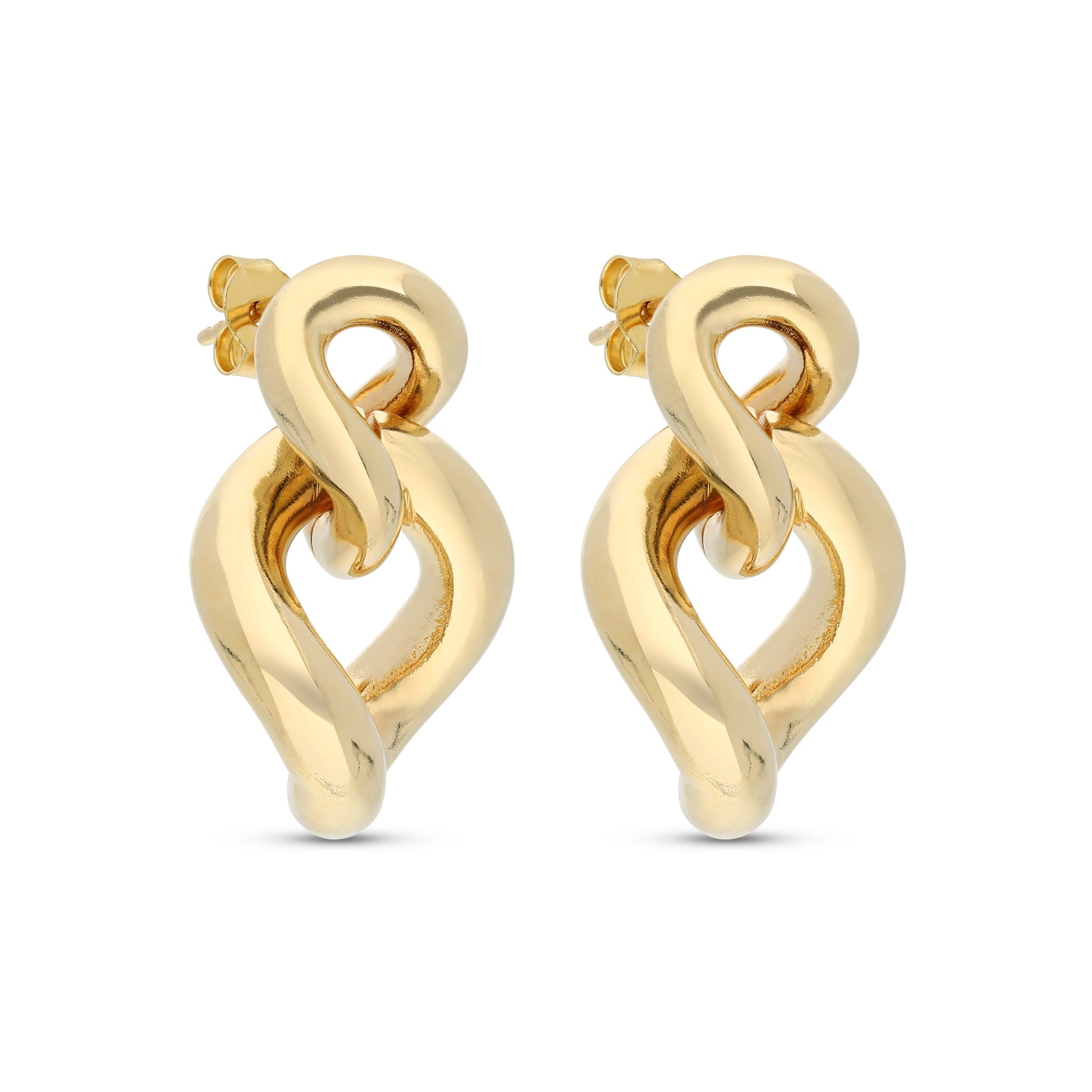 A stunning pair of gold-tone earrings featuring an intricate twisted design. Each earring showcases a flowing, looped silhouette that intertwines elegantly, creating a sense of movement and fluidity.