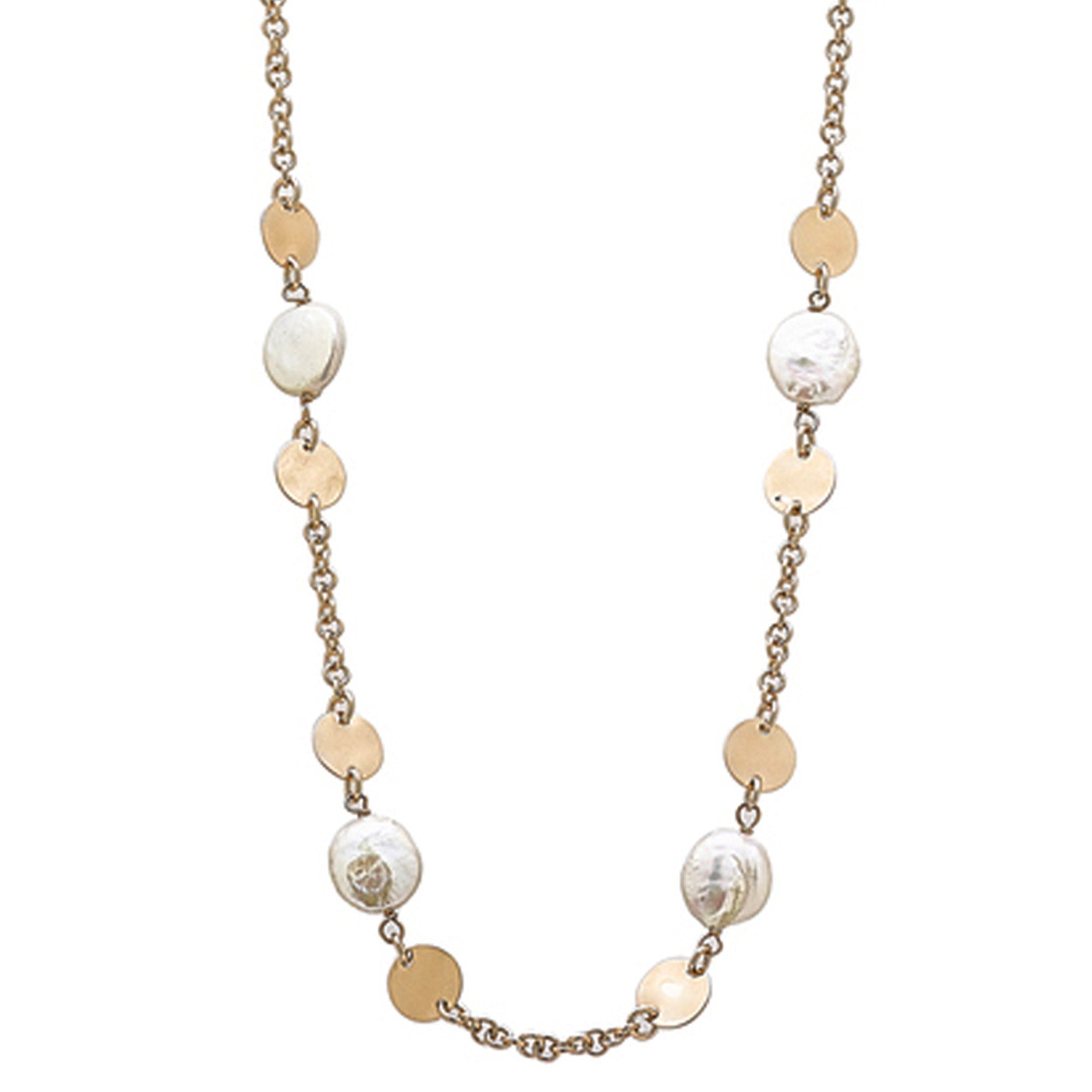 Elegant necklace featuring alternating gold-toned circular discs and pearls, perfect for adding a touch of sophistication to any outfit.