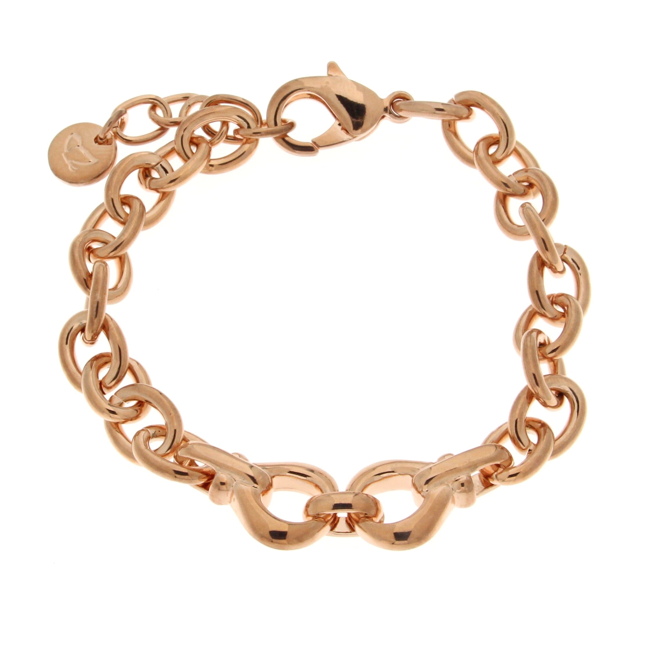 A fashionable rose gold bracelet featuring a chunky chain design with interlocking links. The centerpiece showcases two unique shaped links that add a distinctive touch. The bracelet is secured with a lobster clasp and includes an extension chain for adjustable sizing.