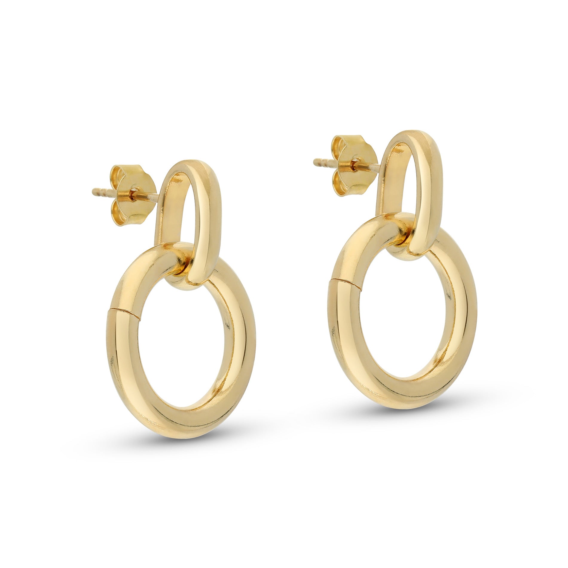 A pair of stylish gold-tone hoop earrings featuring a unique interlocking design. Each earring consists of a larger circular hoop with a smaller link at the top, creating a modern and elegant look. The polished finish adds a luxurious touch, making these earrings perfect for any occasion.