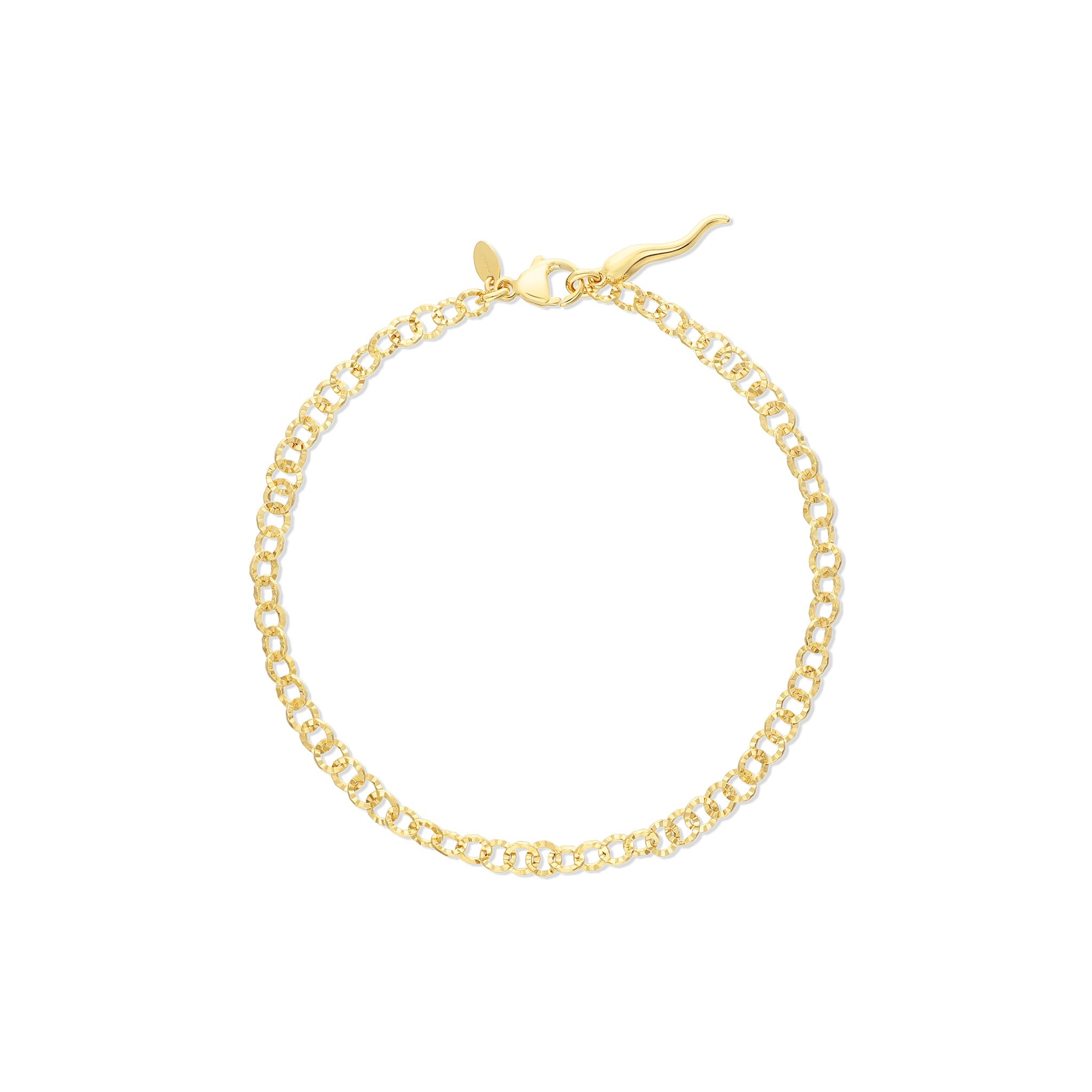 A stylish gold-tone anklet featuring an elegant chain design. The anklet consists of interconnected oval links, offering a classic and refined appearance. It is secured with a sleek clasp that adds to its modern charm.