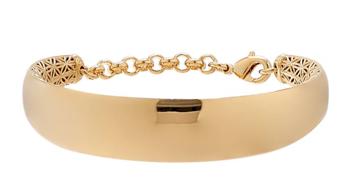 A modern gold bracelet featuring a sleek, wide band design that tapers elegantly at the edges. One side showcases an intricate, openwork pattern, while the other is a polished surface.