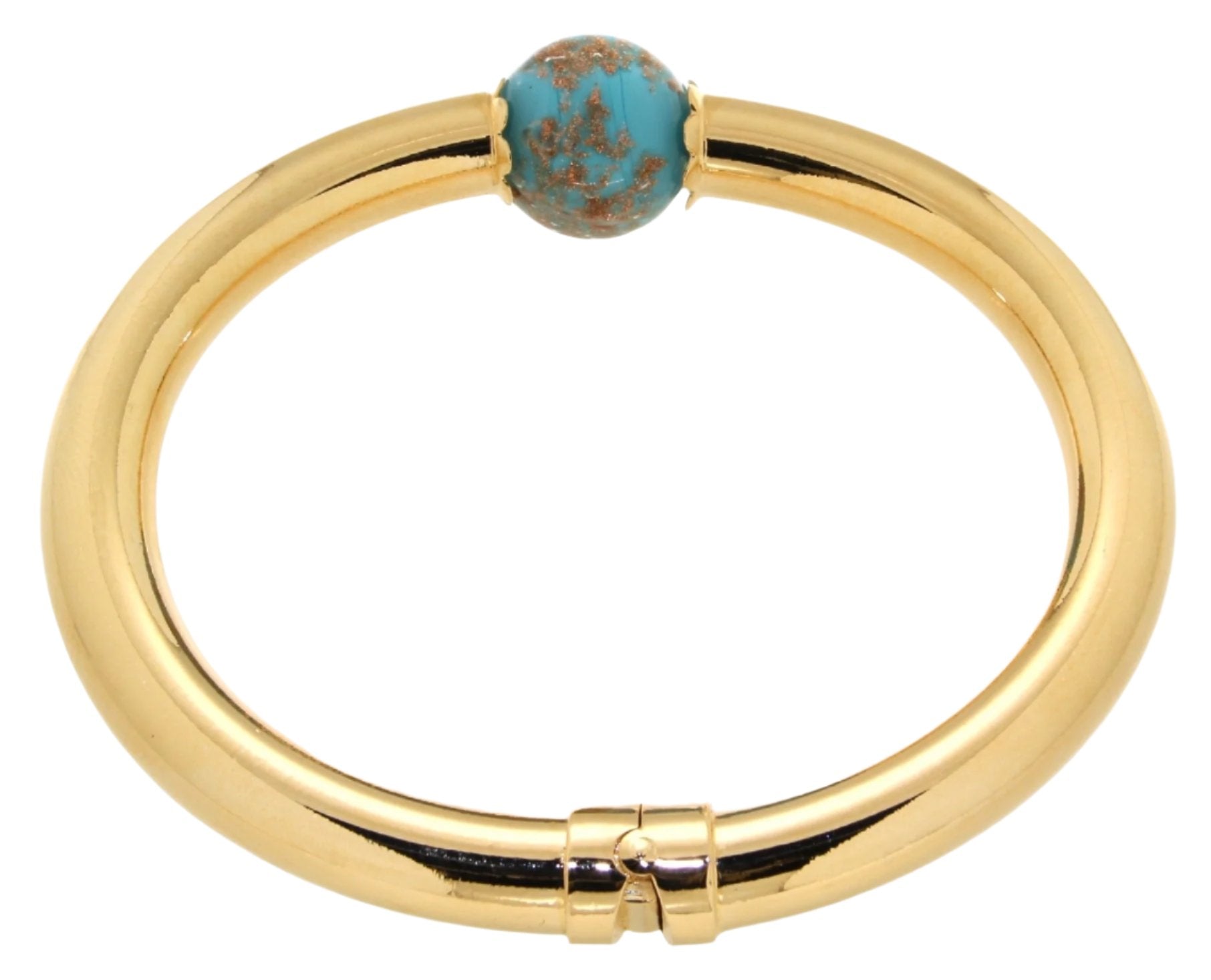 A stylish gold bangle featuring a smooth, polished surface and a striking turquoise bead at one end. The turquoise bead is adorned with subtle flecks.