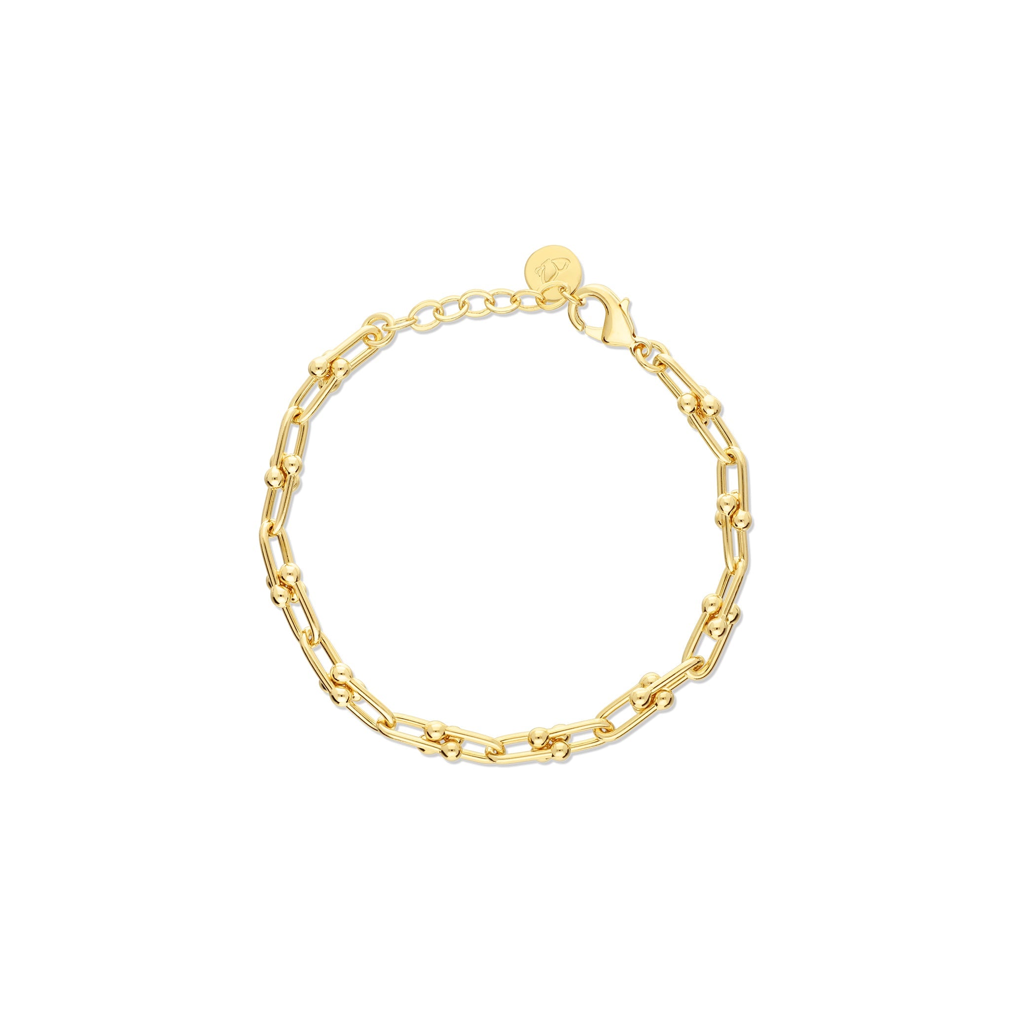 A delicate gold bracelet featuring a mix of elongated links and rounded ball accents. The design incorporates a lobster clasp for secure fastening and an extension chain for adjustable sizing.