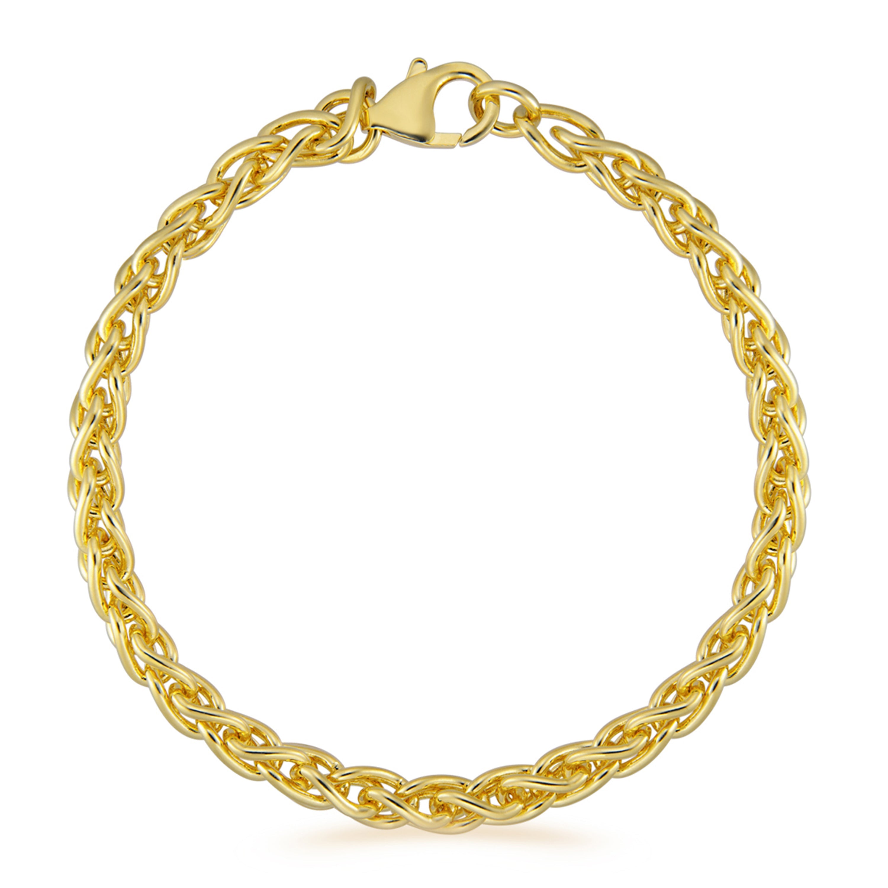 A luxurious gold bracelet featuring an intricate design. The bracelet is finished with a sleek lobster clasp, ensuring secure wear while adding an elegant touch to its overall appearance.
