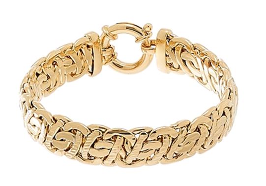 A stylish gold bracelet featuring an intricate interwoven design. The bracelet is secured with a circular toggle clasp, allowing for easy wear.