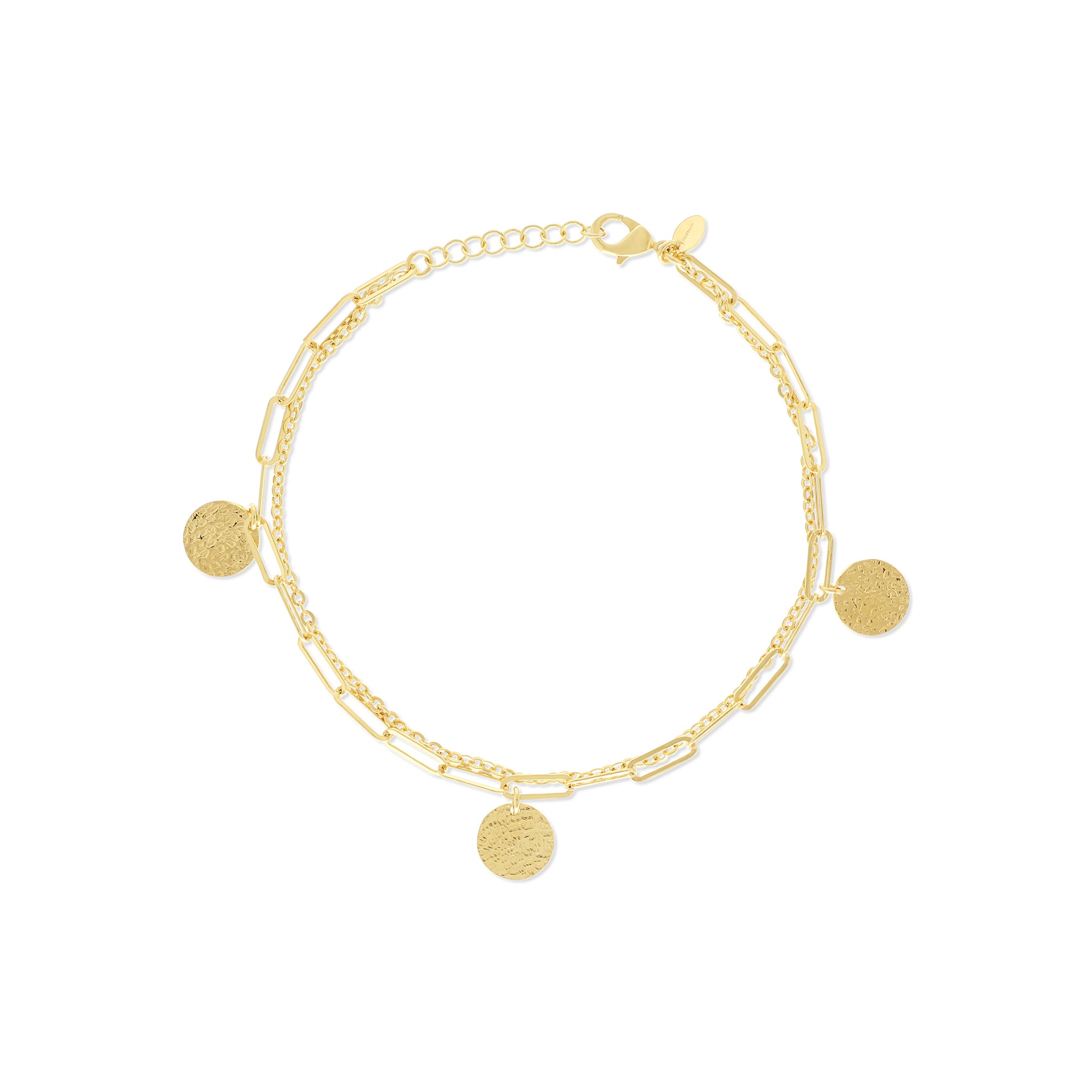 A delicate gold-tone anklet featuring a combination of chain styles, including paperclip and link chains. It is adorned with three textured round pendants that dangle elegantly, adding a touch of charm to the design.