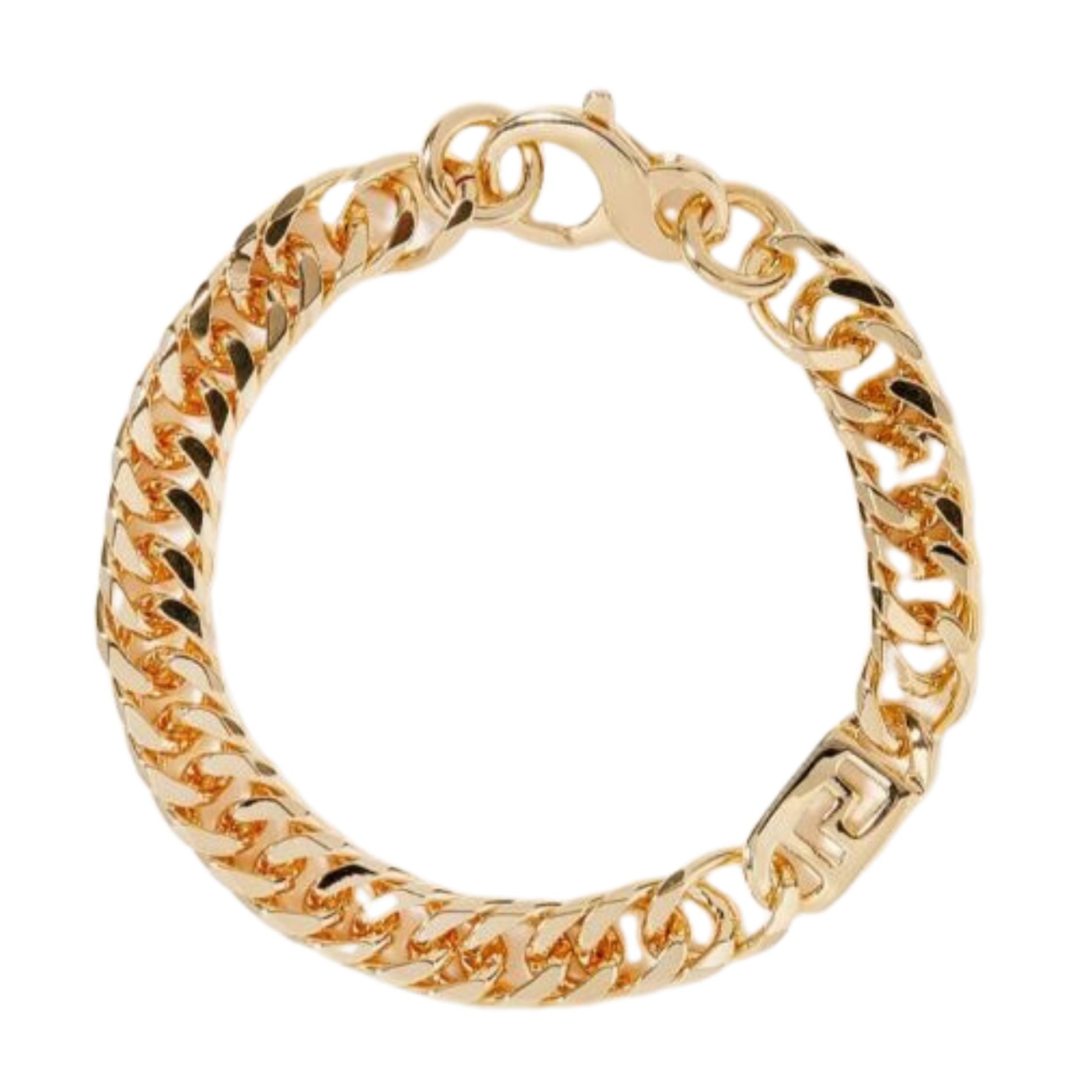 A stylish gold chain bracelet featuring interlocking links that create a bold, textured design. The bracelet includes a secure lobster clasp and a decorative detail at one link, adding an elegant touch. Its polished finish enhances its luxurious appearance, making it a perfect accessory for both casual and formal outfits.