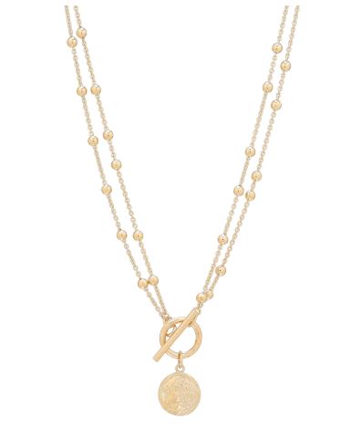 Gold layered necklace with small round beads and a central coin-like pendant, featuring a toggle clasp.