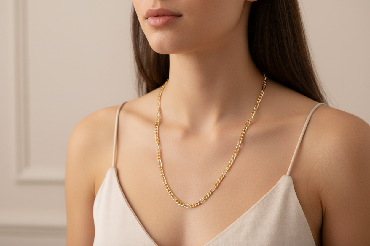 24 inch Yellow Gold Plated Figaro Necklace - Full Length