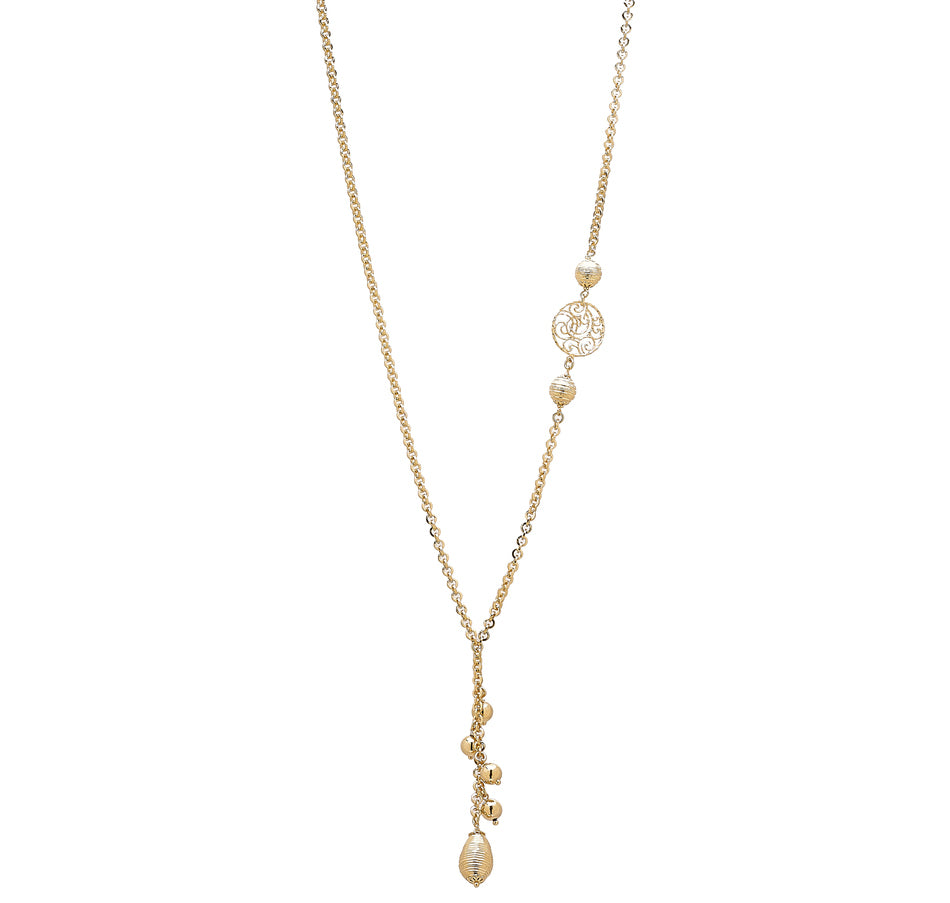 26" Diamond Cut Rolo Link Lariet Necklace W/ Diamond Cut Beads