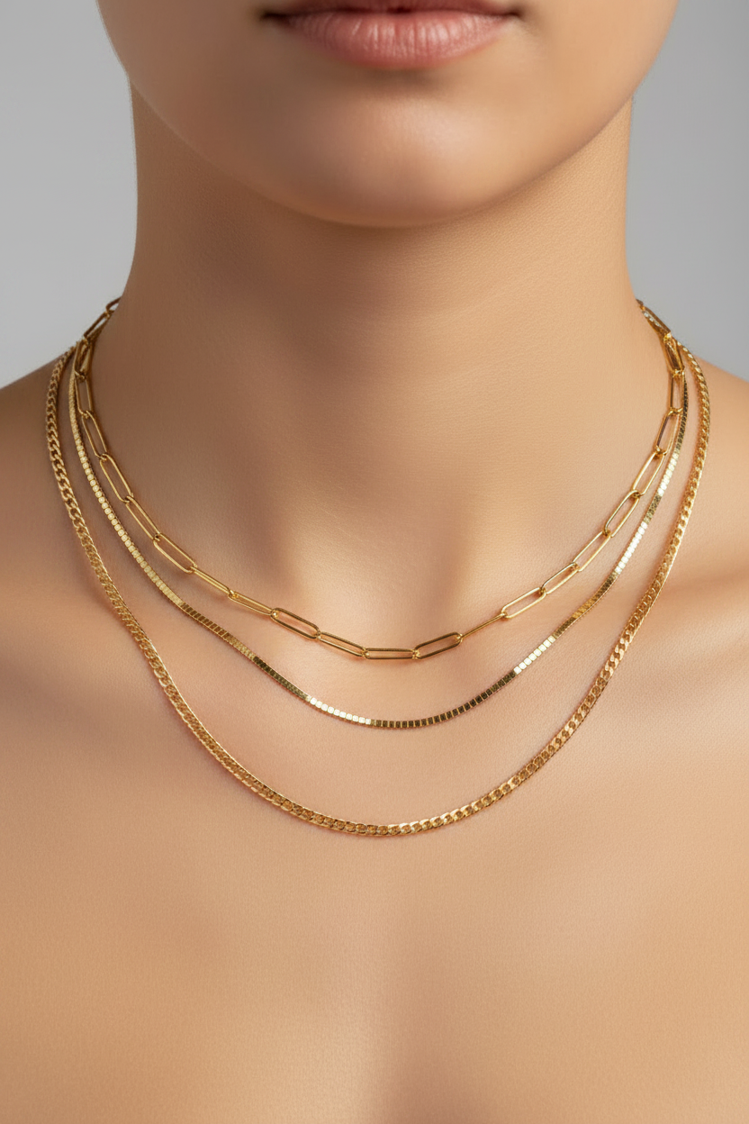 3-Strand Gold Necklace - Large Paperclip, Box, Curb