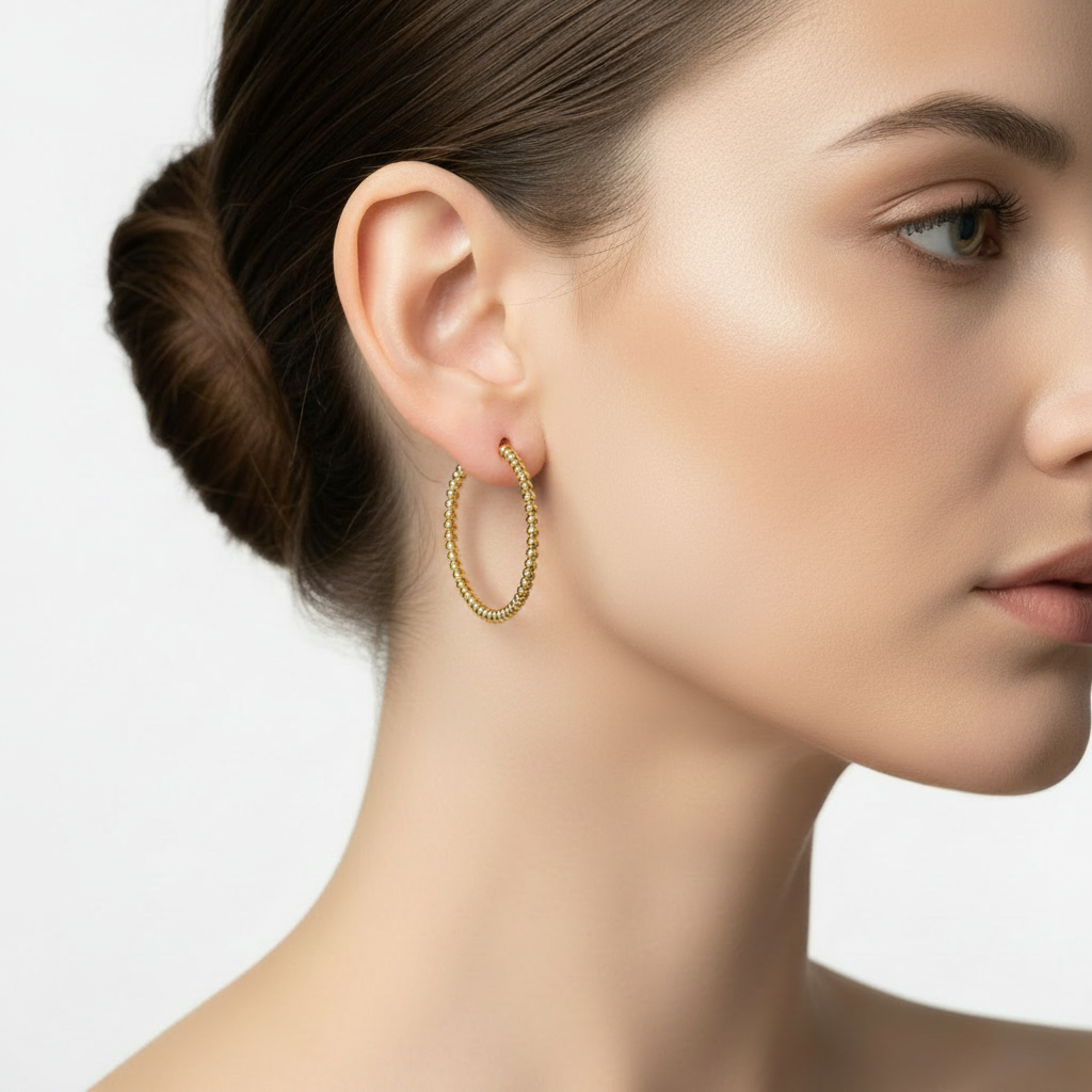 30mm x 2mm Gold Beaded Hoop Earrings on Model