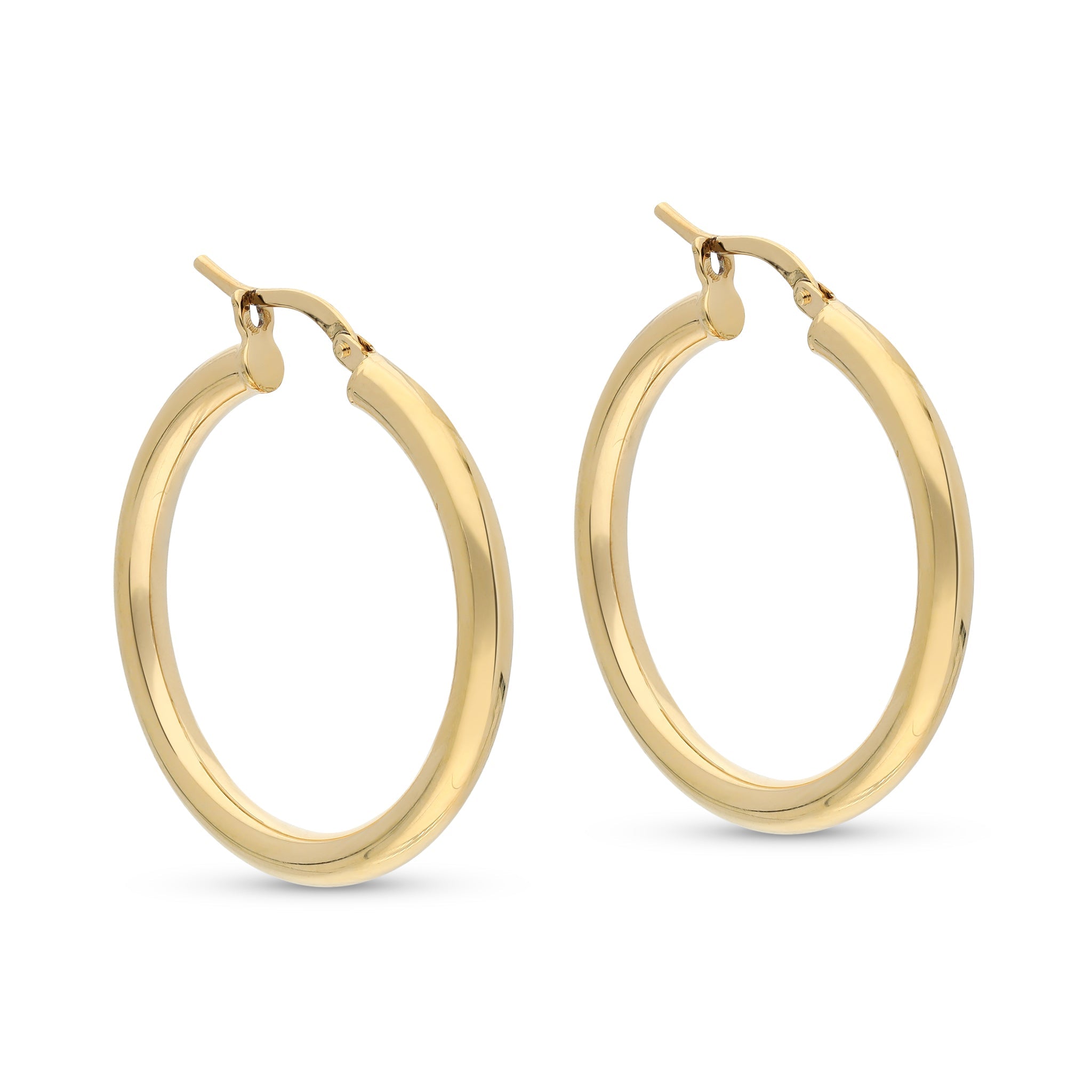 Chic gold-tone hoop earrings featuring a sleek, rounded design. These hoops are polished to a high shine, providing an elegant and contemporary look. The secure latch closure ensures they stay in place, making them perfect for everyday wear or special occasions.
