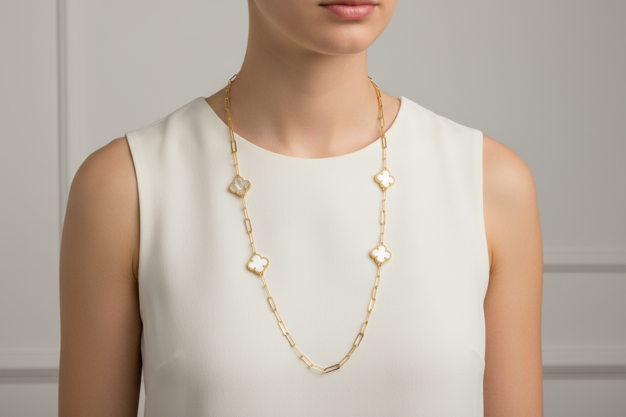 36 inch Long 4 Station Mother Of Pearl Clover Necklace - No Center Station