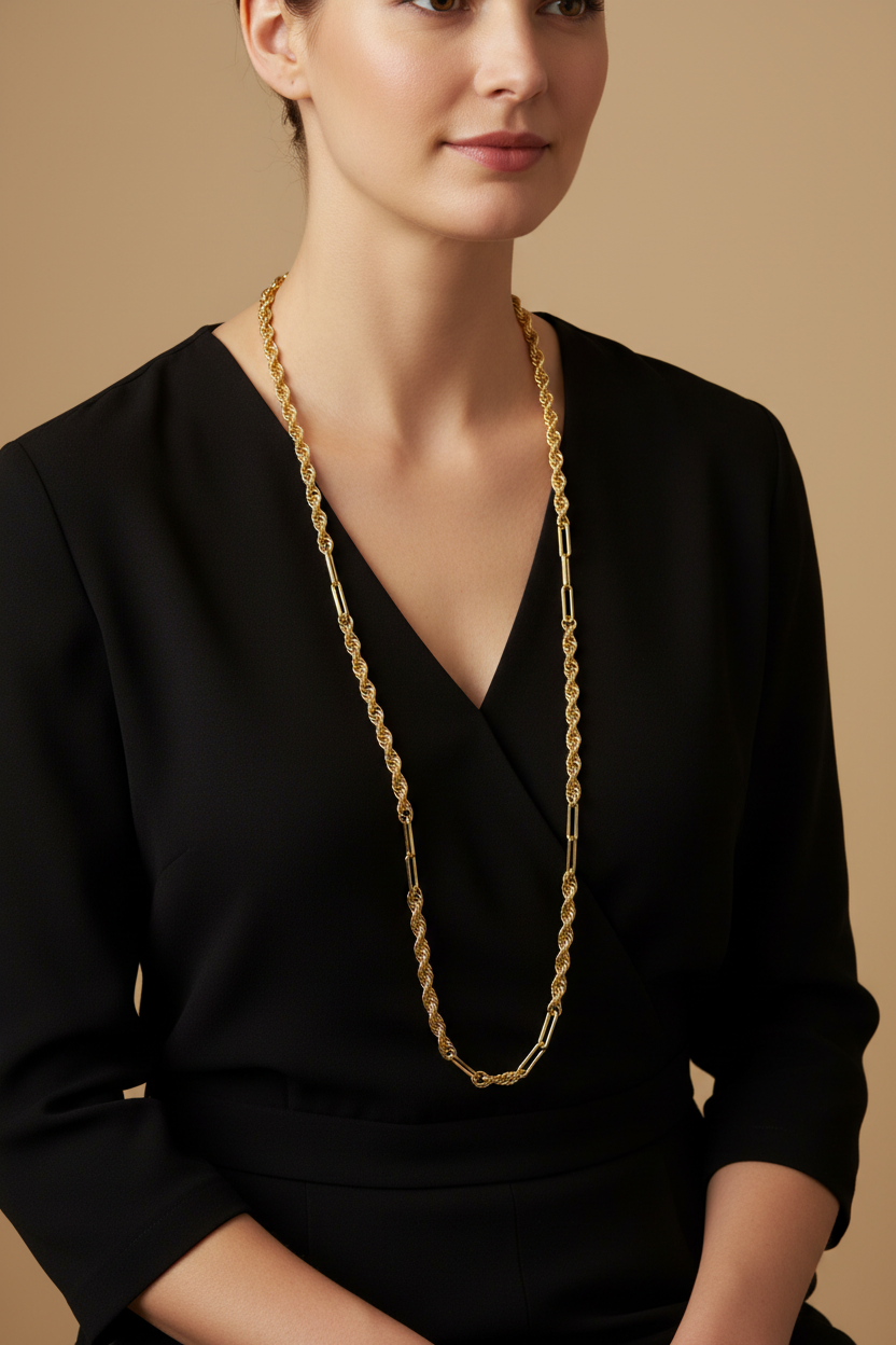 36" Rope Chain & Paperclip Link Necklace on Model