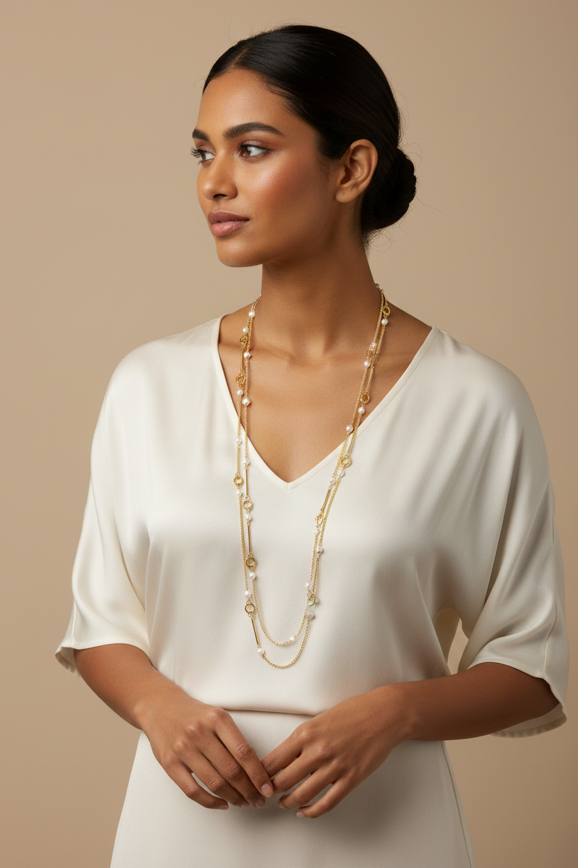 38" Paperclip Chain with Pearl Accents on Model