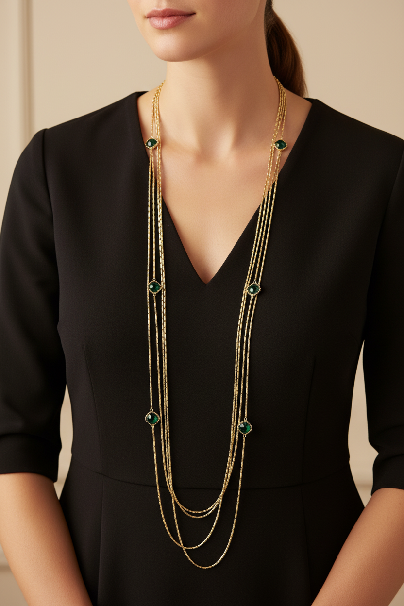40" Four Strand Box Chain with Green Crystal Stations on Model