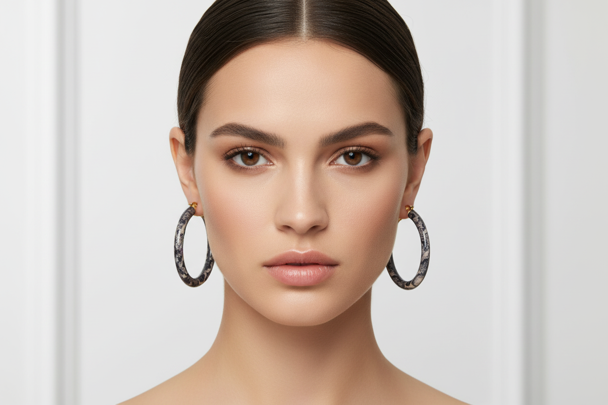 48mm Dark Snakeskin Enamel Hoop Earrings on Model