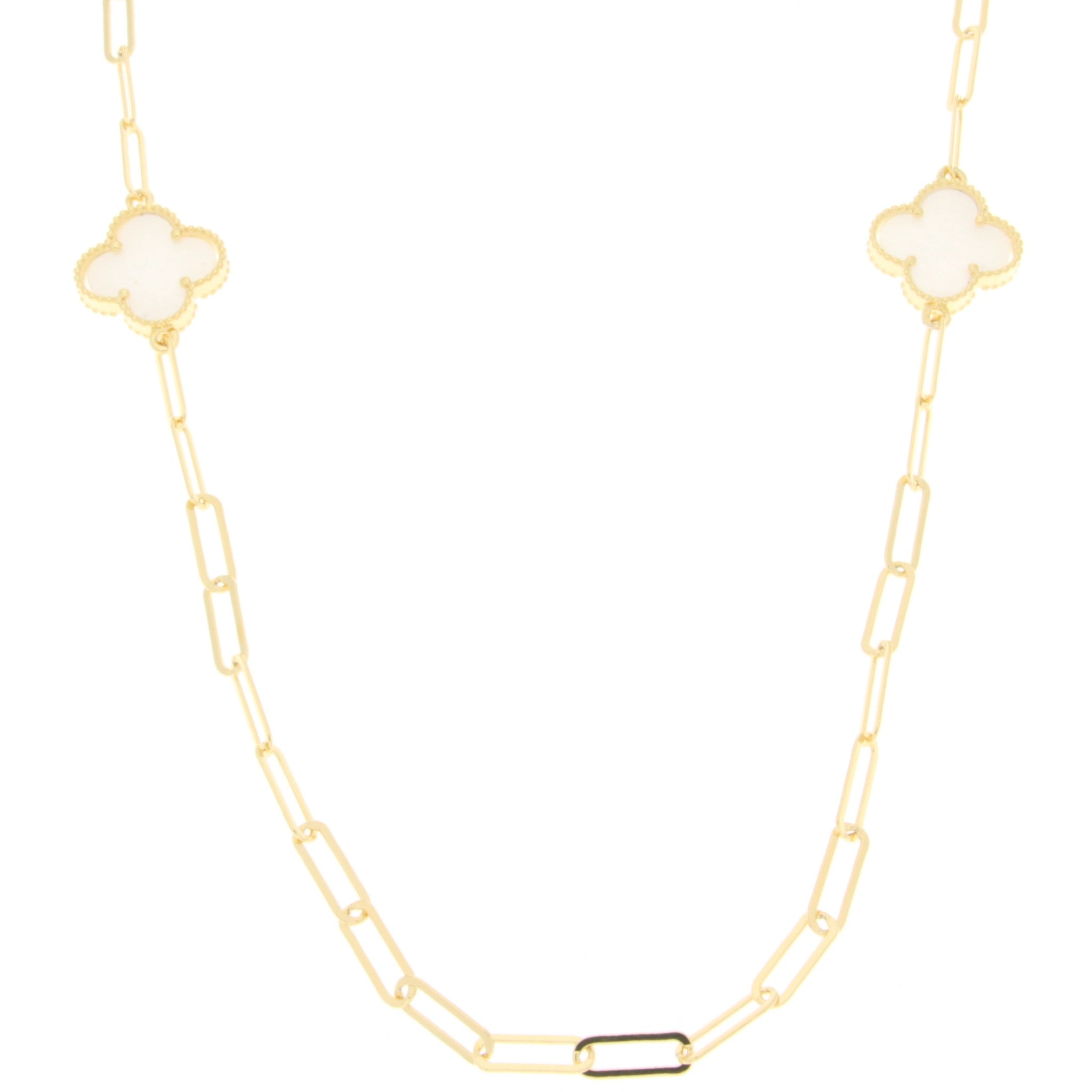 32" Long 4 Station Mother Of Pearl Clover Long Necklace