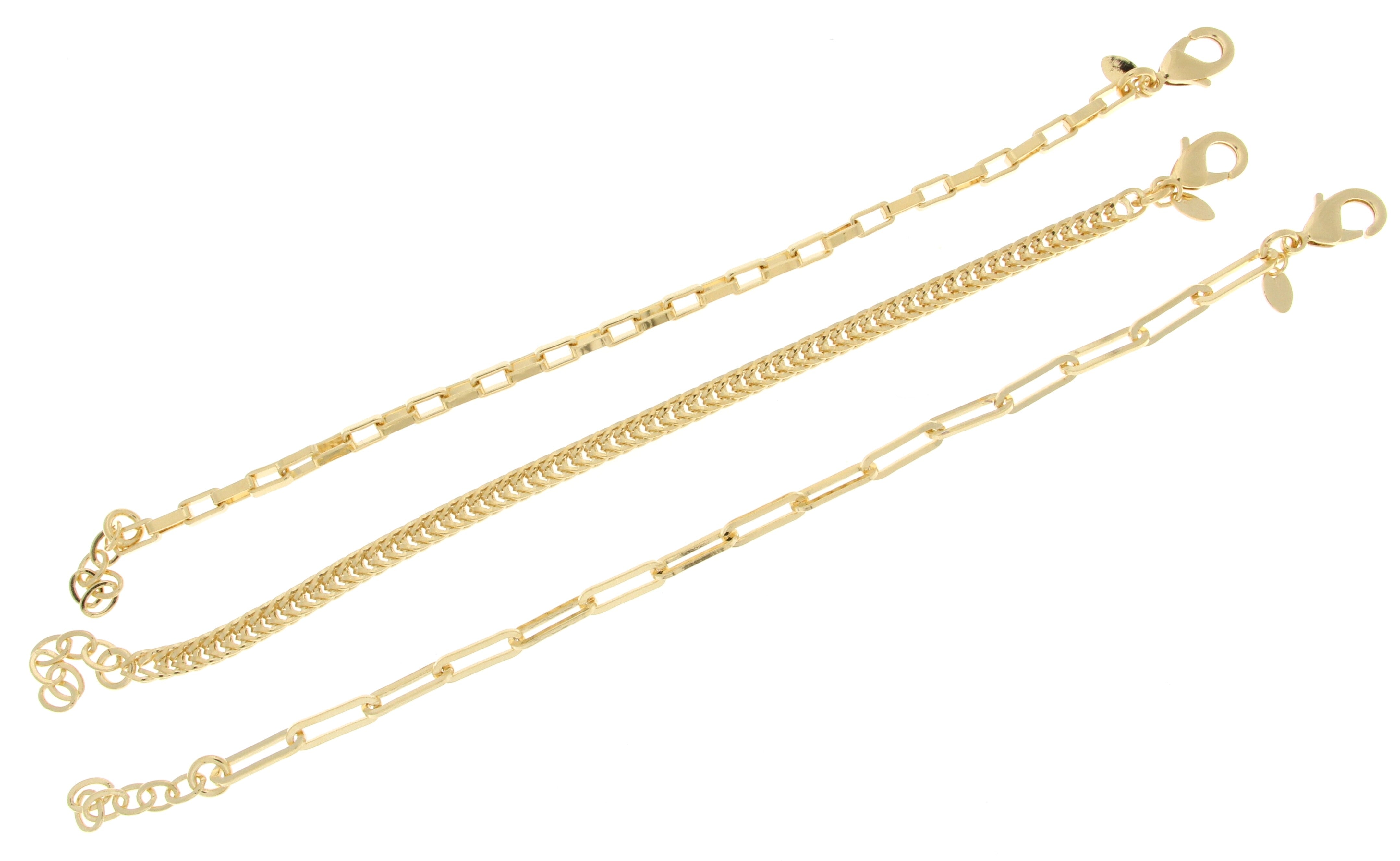 18K Gold Plated 7" + 1" Set Of 3 Bracelets Elongated Box, Foxtail,Paperclip