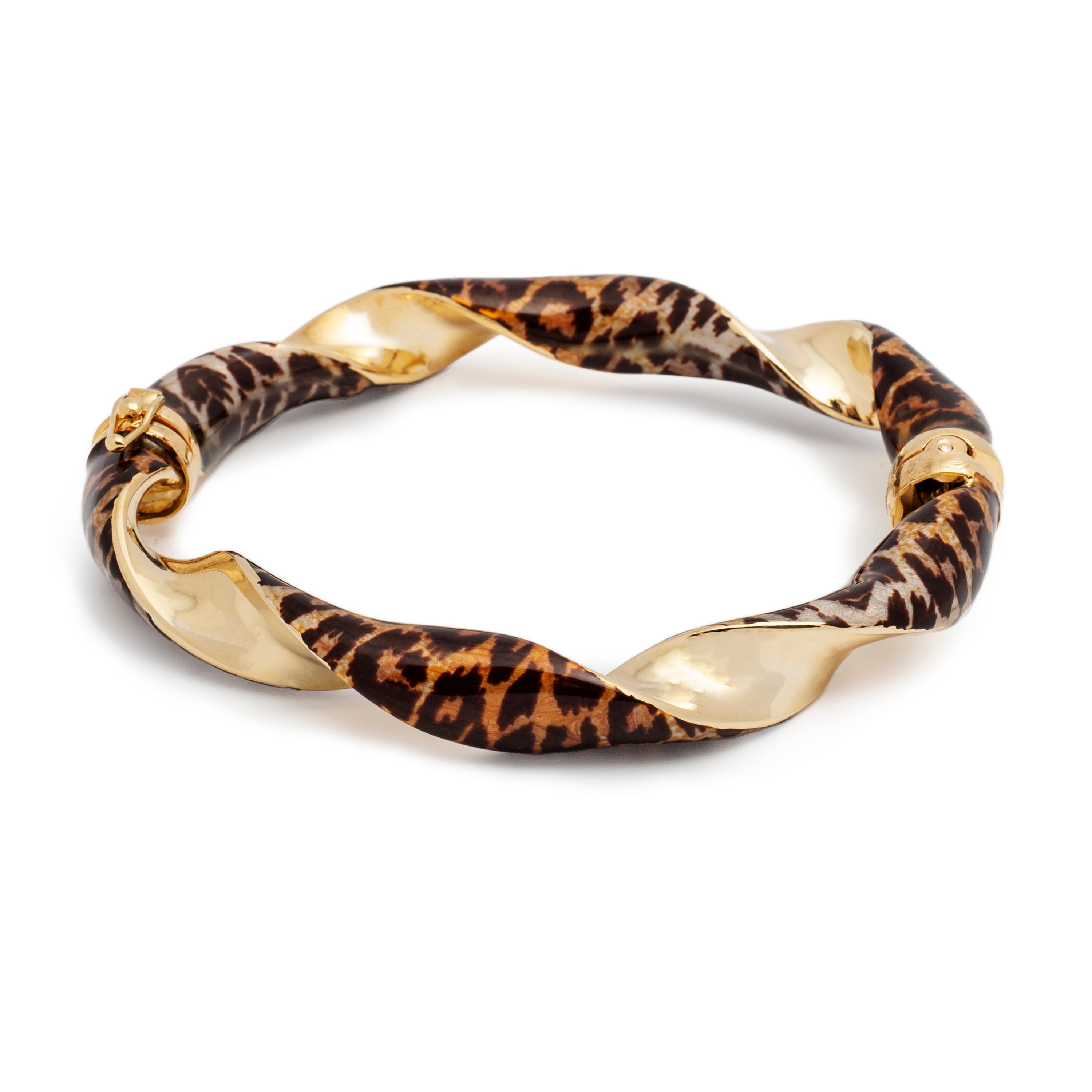 An elegant bracelet featuring a twisted design that combines shiny gold-tone metal with an animal pattern. The bracelet's unique texture and color contrast beautifully with the smooth, reflective gold accents, creating a striking and fashionable accessory.