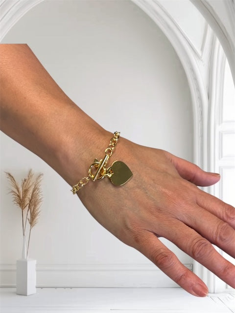 18K Gold Plated Heart Charm Bracelet with Toggle Clasp | Italian Handmade 7.5" | Bronzoro