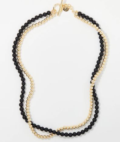 18kt. Gold Plated Double Strand Onyx and Bead Toggle Necklace