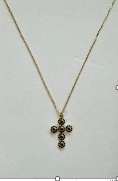 18kt Gold Flower Cluster Cross Pendant Necklace with Black Spinels
