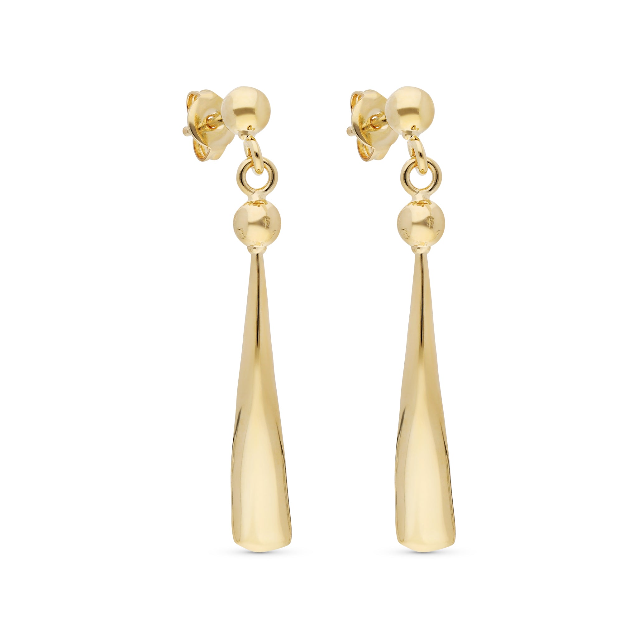 18kt. Gold Plated Polished Tapered Drop Earrings with Bead Stud | 1.5" | Bronzoro™