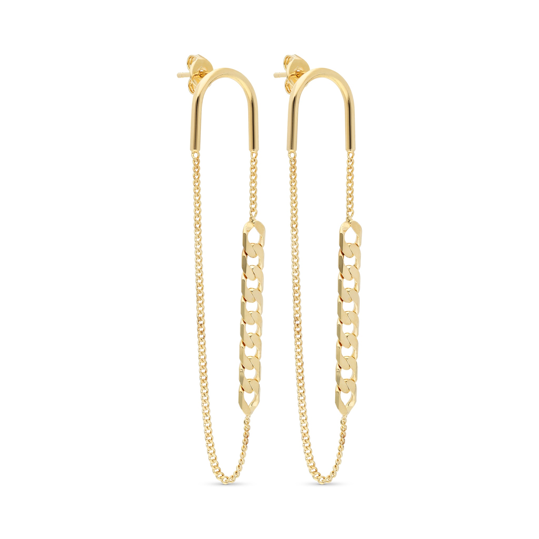 Horseshoe Stud Drop Earrings 2" - 18kt Gold Plated with Curb Chain, Made in Italy