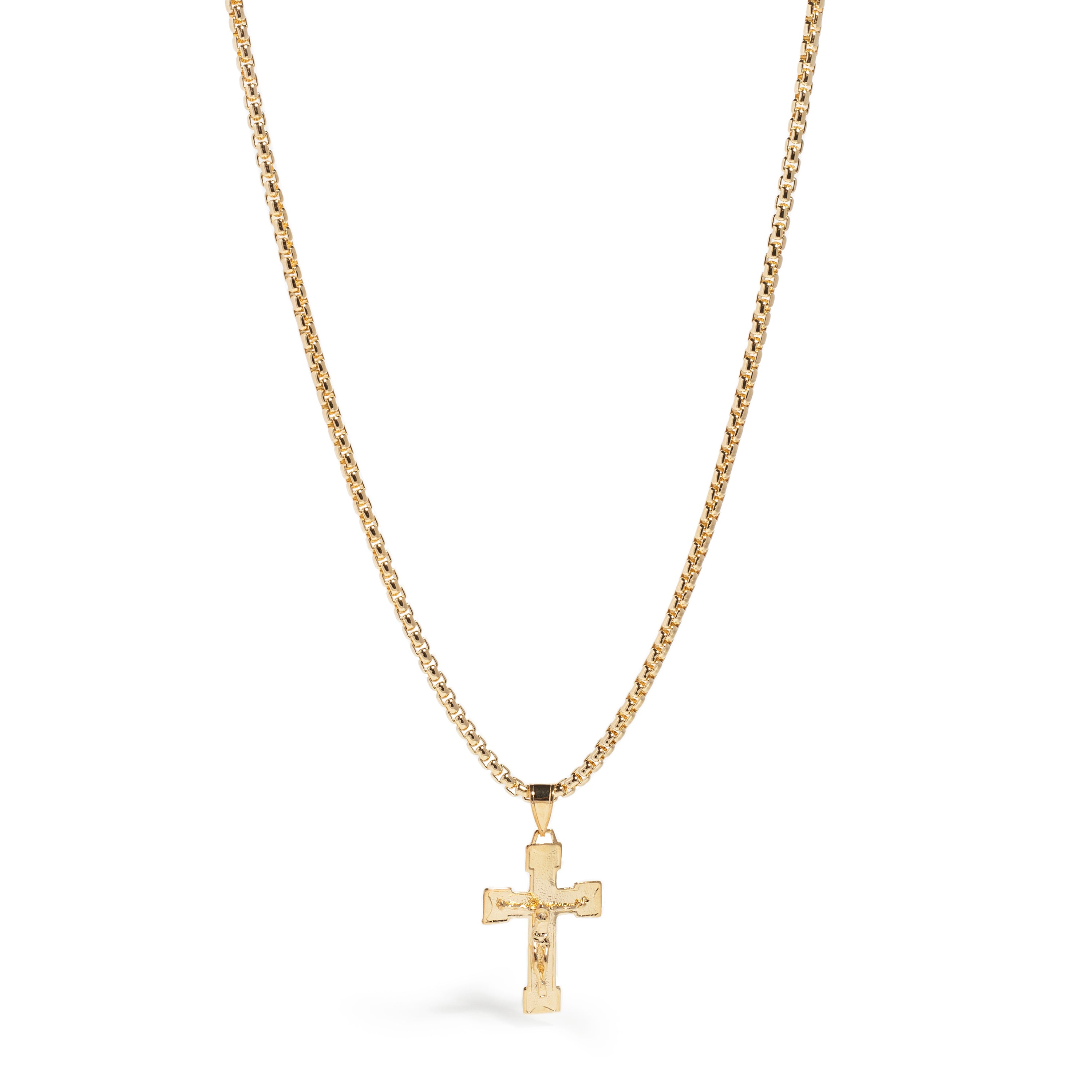18K Gold-Plated Crucifix Cross Necklace | Round Box Chain | Bronzoro™