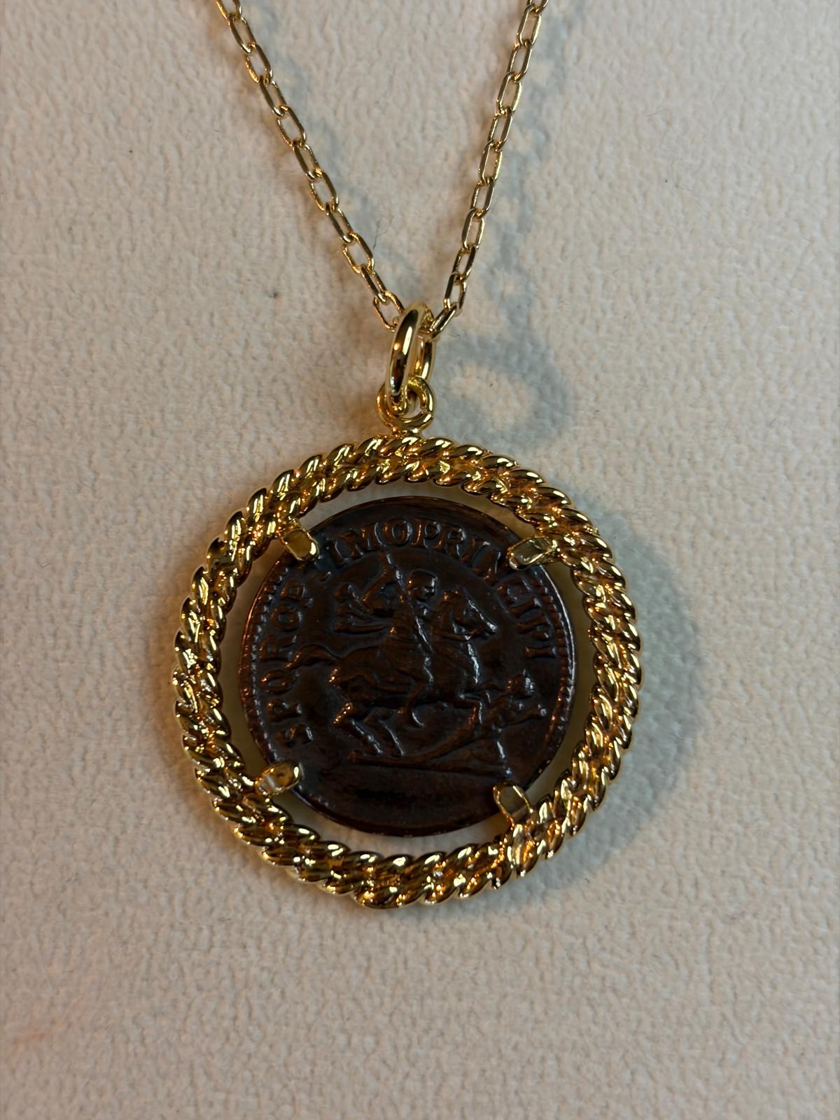 18kt Gold Plated Antique Roman Coin Pendant Necklace on 24" Chain