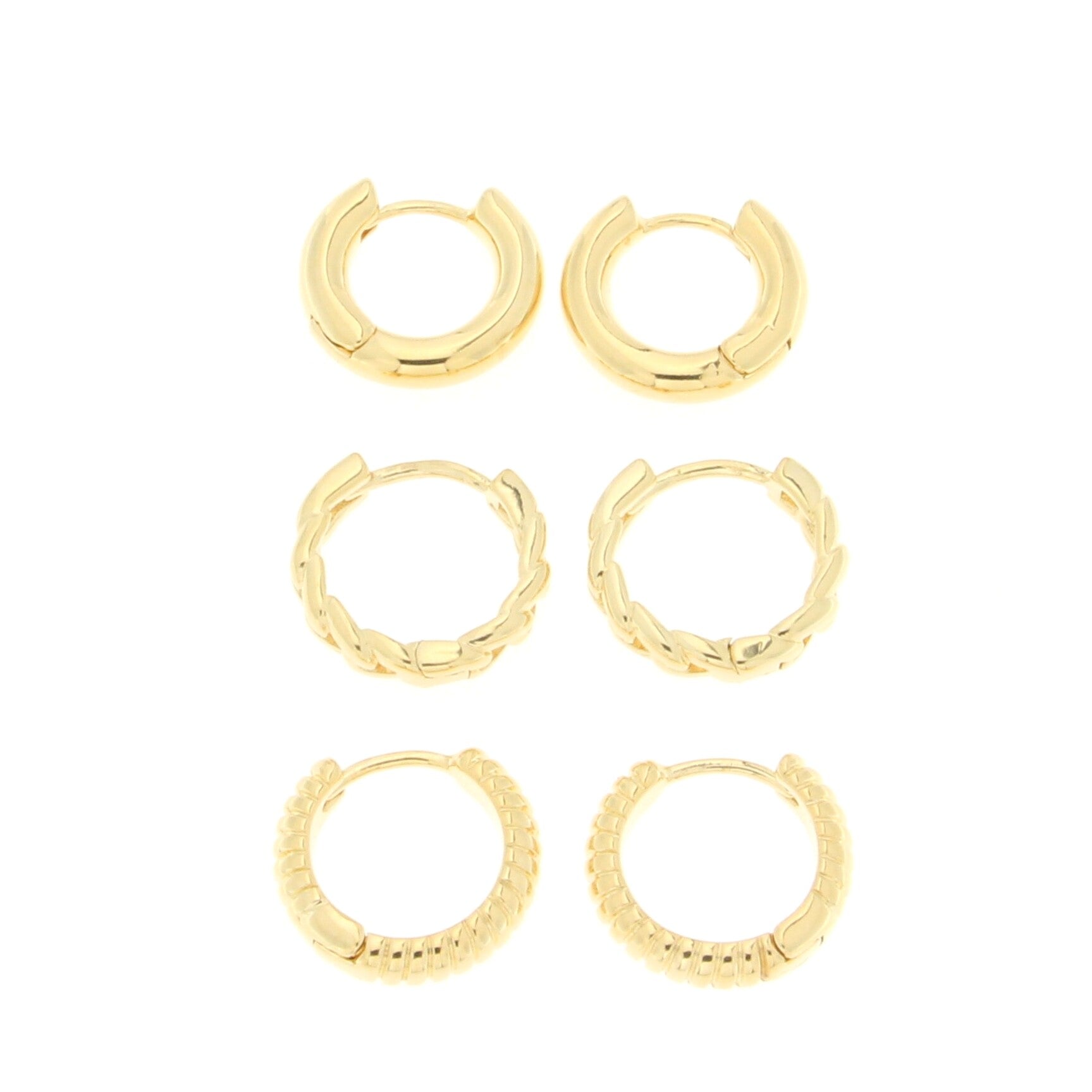 18kt Gold Plated Set of 3 Huggie Hoop Earrings – Plain, Cutout & Ribbed
