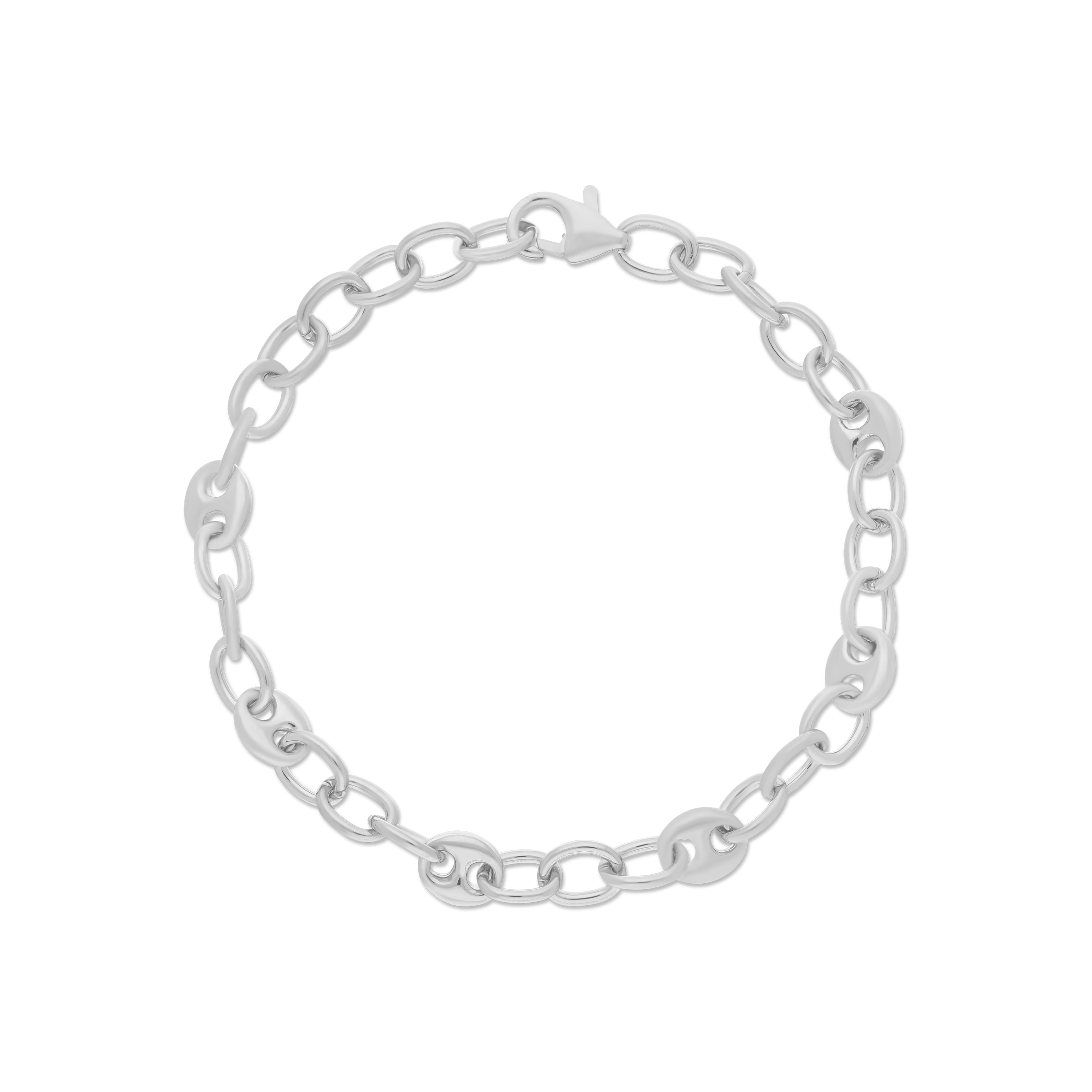 A shiny silver chain bracelet featuring a mix of circular and oval links, secured with a lobster clasp for easy fastening.