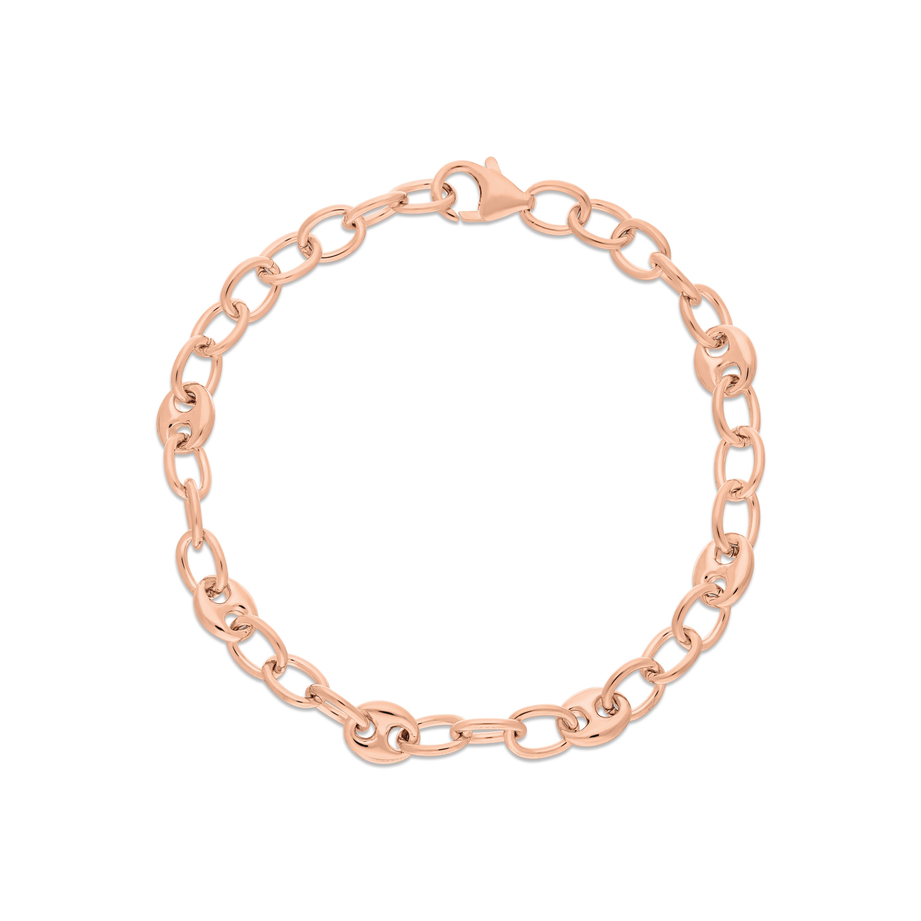 This elegant rose gold plated bracelet features a contemporary alternating design of marine and open links, creating a sophisticated and versatile accessory. 