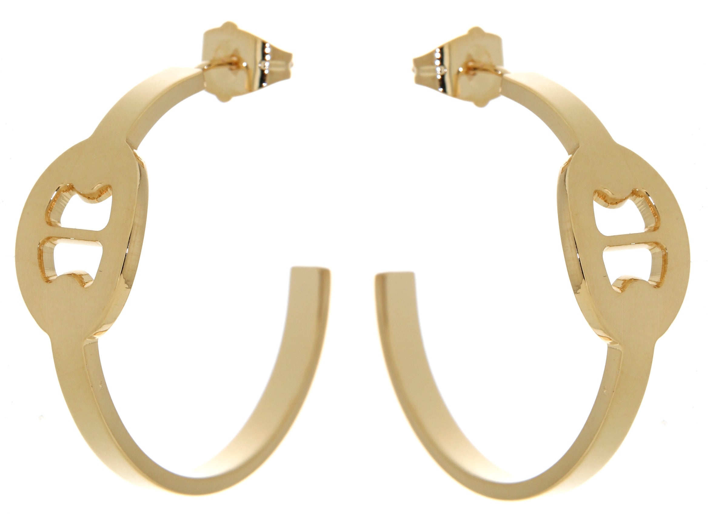 A pair of unique gold-tone hoop earrings featuring an open design with an elegant, cut-out detail resembling a bow or knot. The earrings have a polished finish that reflects light beautifully, enhancing their modern aesthetic. Each hoop has a secure post backing for comfortable wear. These statement earrings blend contemporary style with playful elegance, making them a stylish accessory for any occasion.