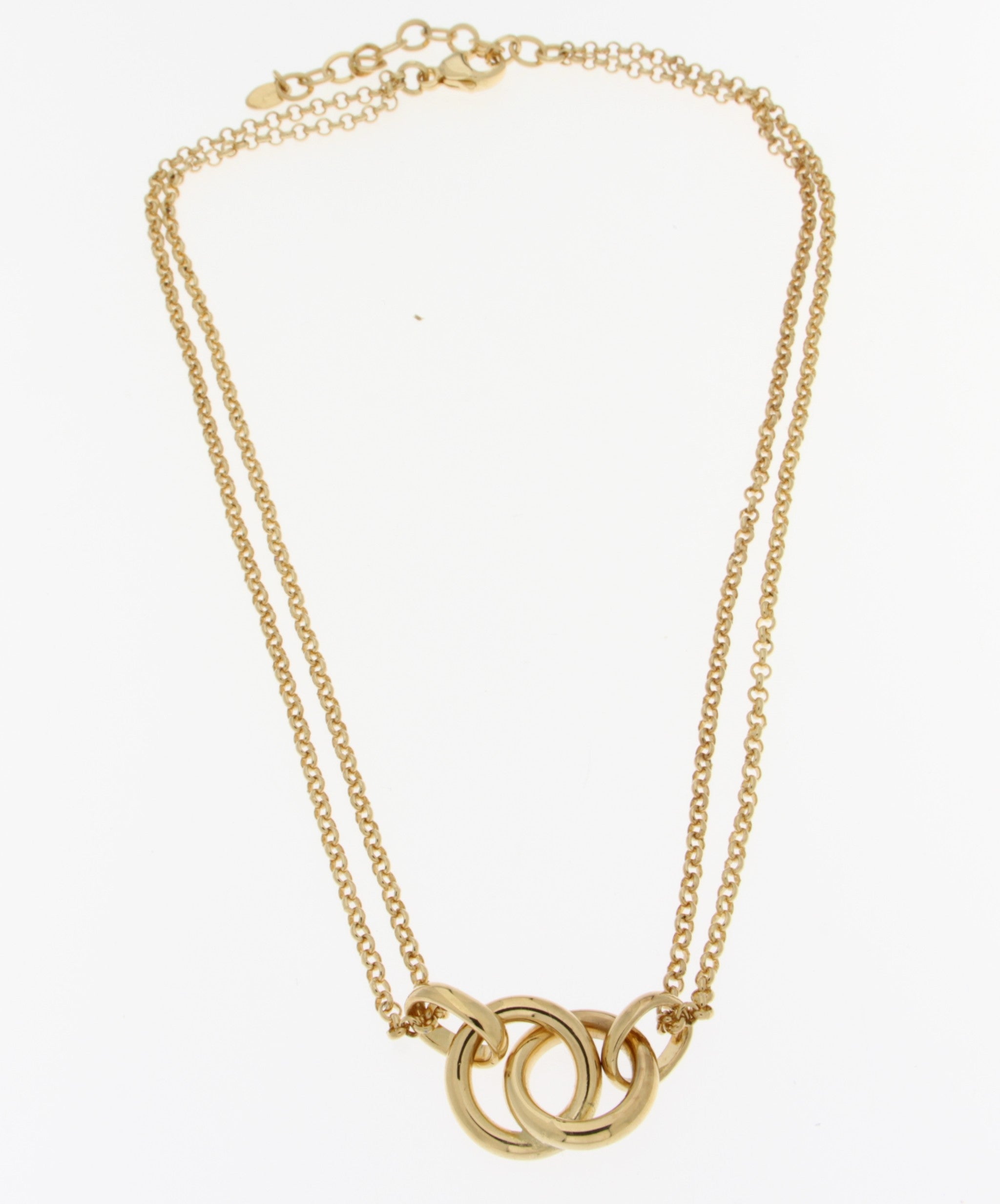 Double Rolo Link Necklace W/Stationed Double Ring Pendant 16" + 2" Extender