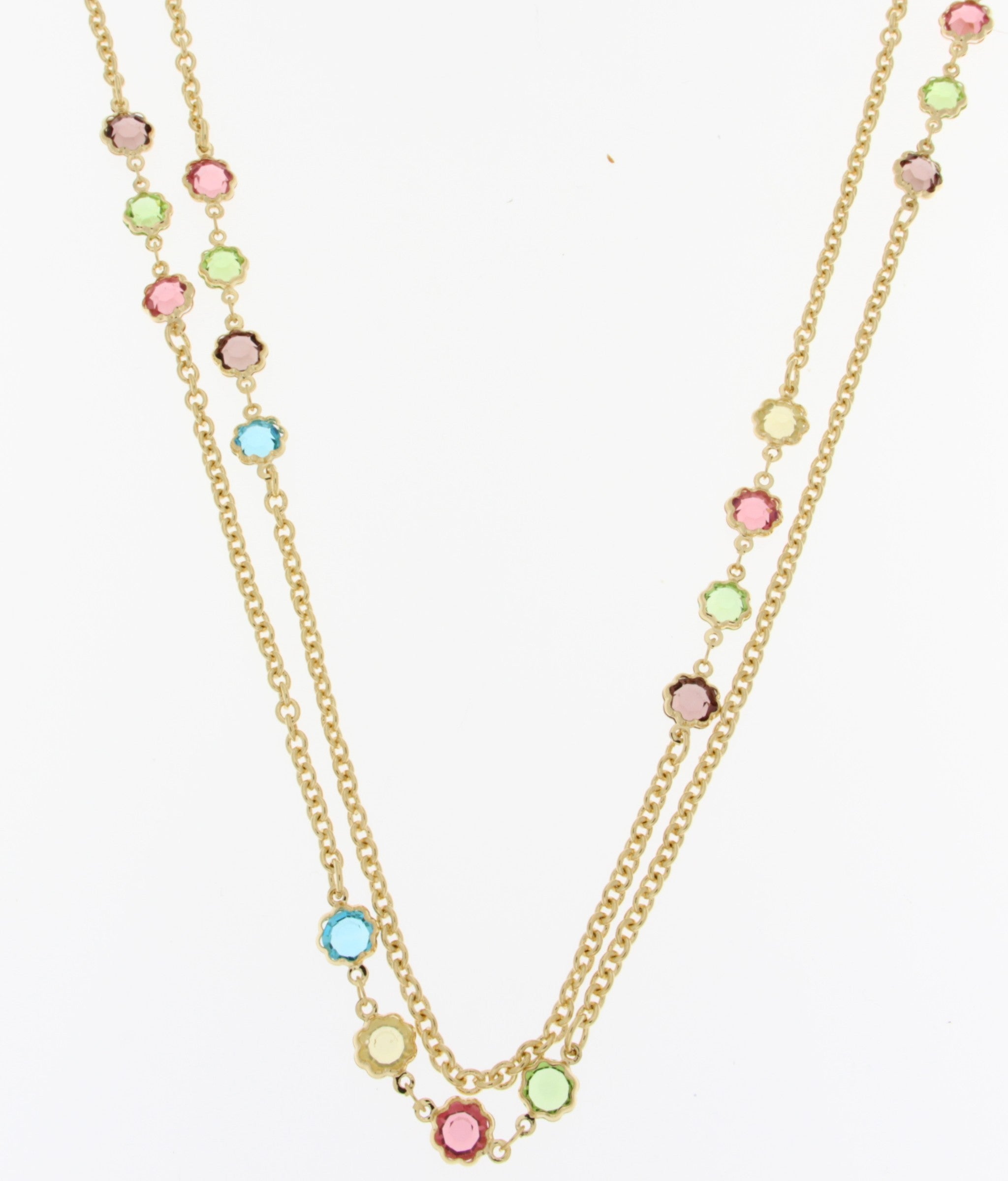 Gold Plated Double Strand Rolo Necklace With Stationed Multi Colored Crystals 36"+ 2" Extender