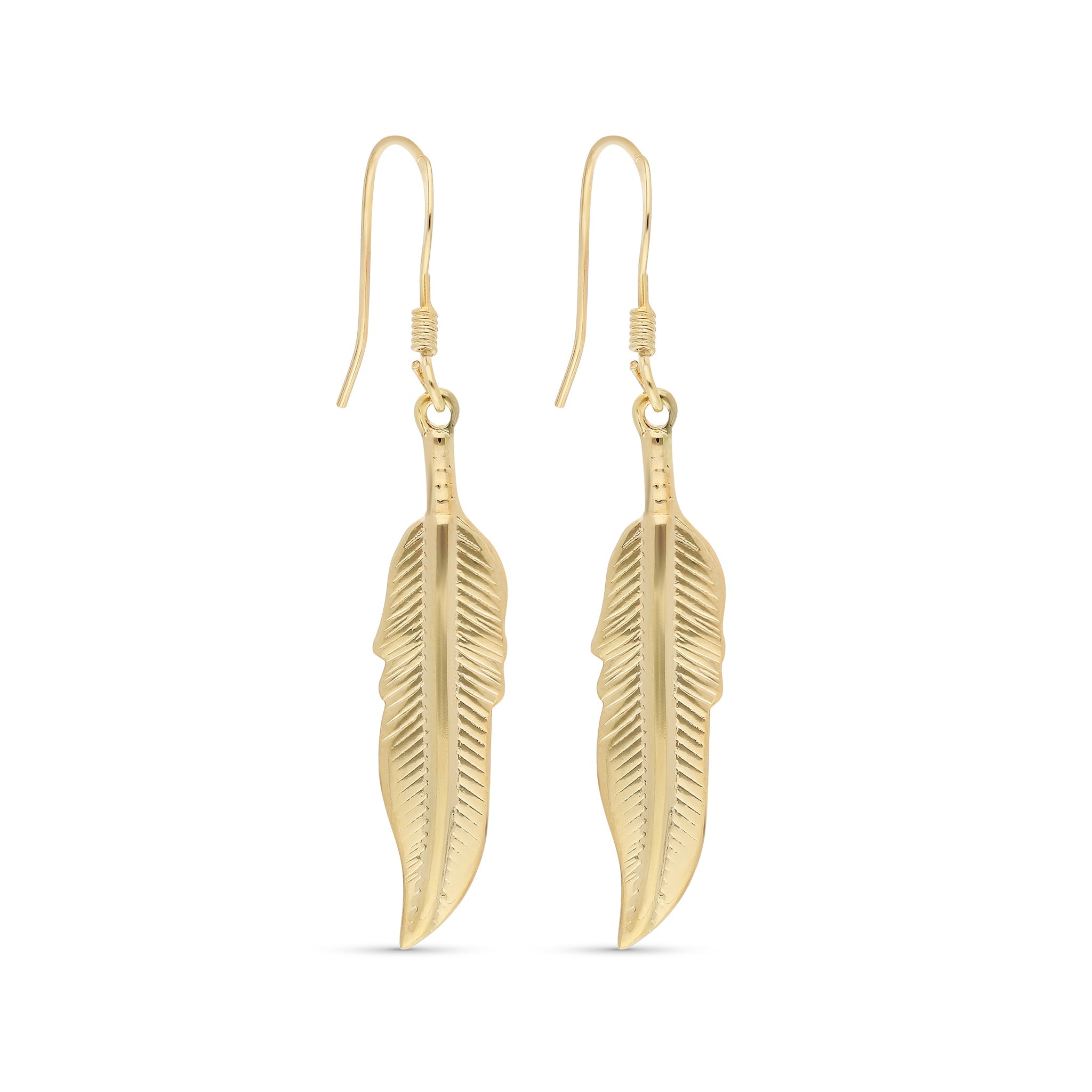 Elegant gold-tone earrings featuring delicate, elongated feather shapes that dangle gracefully from fishhook clasps. The intricate detailing on the feathers showcases a textured design, adding a touch of sophistication and natural beauty to these stylish accessories.