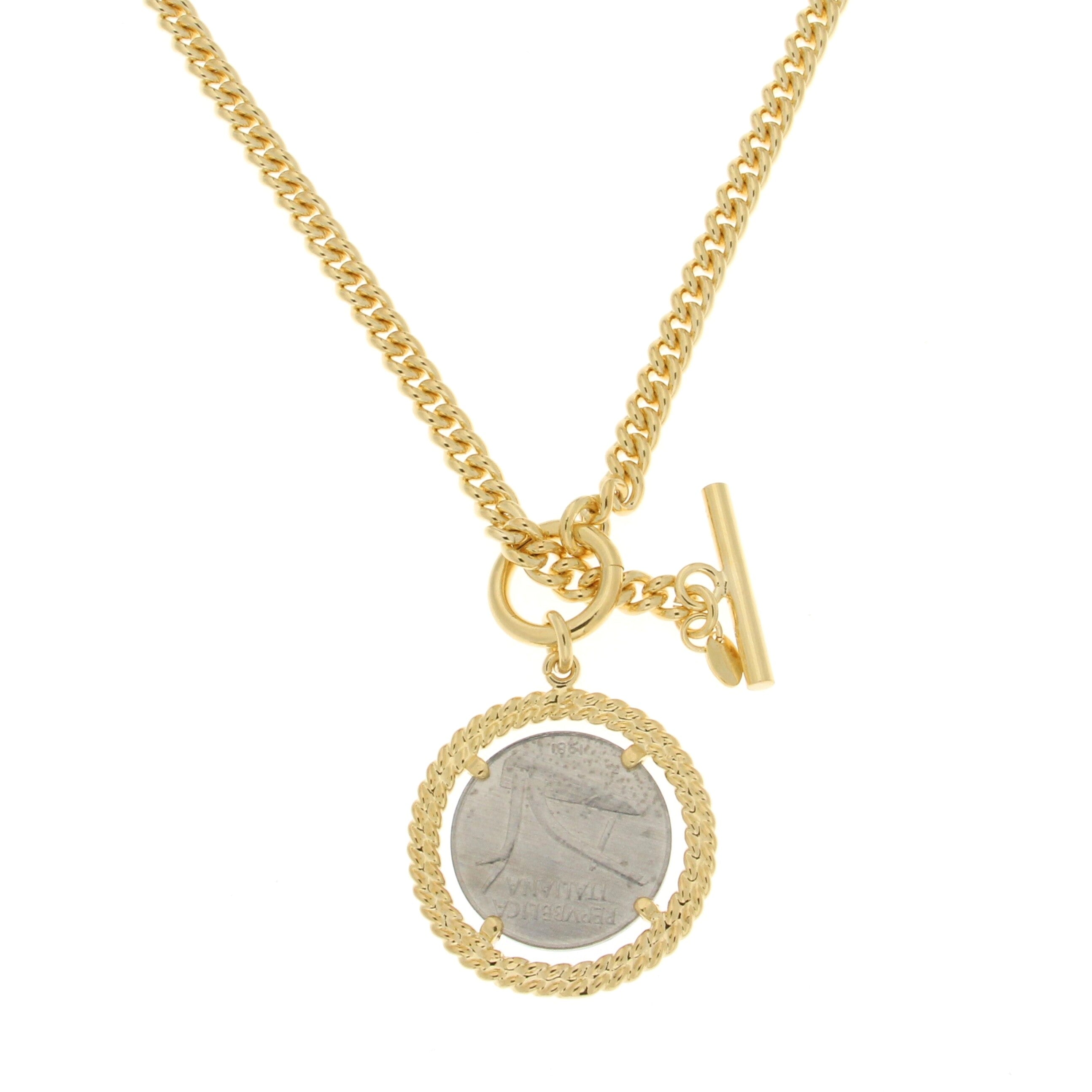 Gold plated chain necklace featuring a textured pendant resembling a coin, encircled by a twisted rope design, with a toggle clasp.